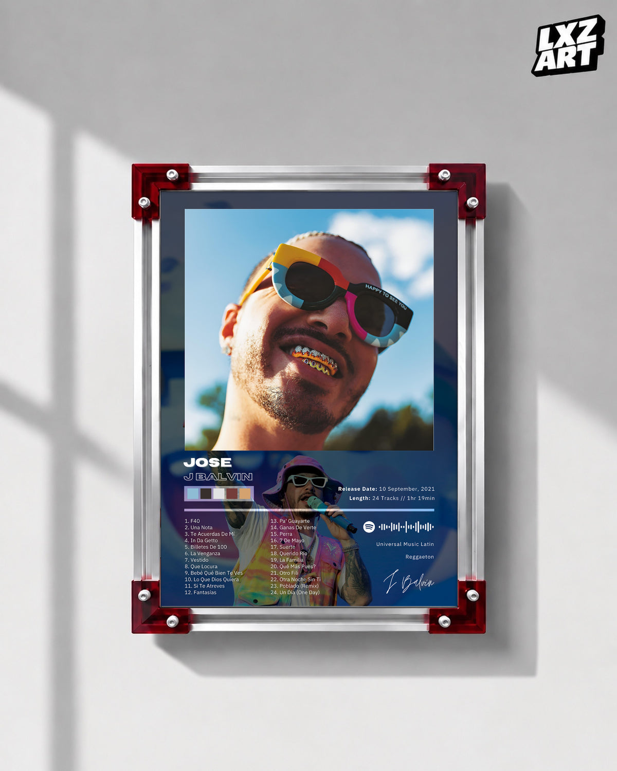 J Balvin JOSE Tracklist Poster | Unframed Bedroom Wall Art — LXZART display 1; frame not included