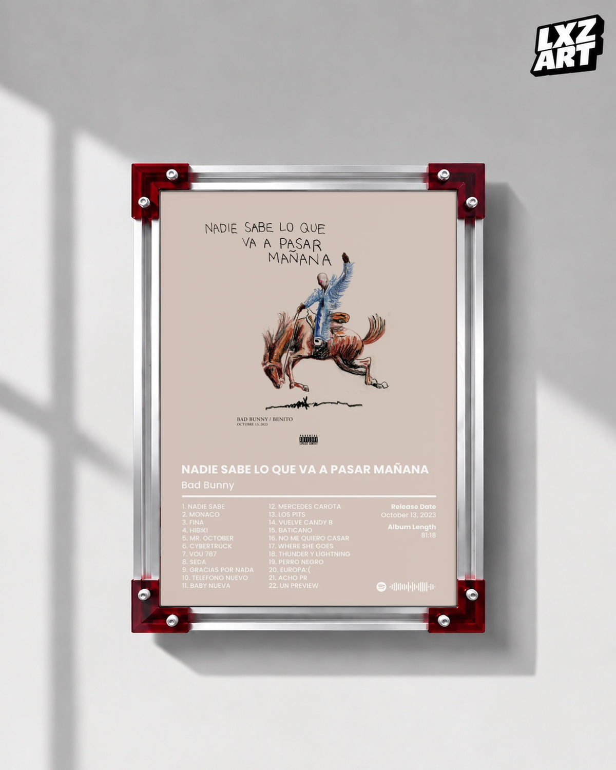Bad Bunny Nadie Sabe Lo Que Va A Pasar Mañana Album Tracklist Poster | Unframed Latin Trap Wall Art — LXZART display 1; frame not included