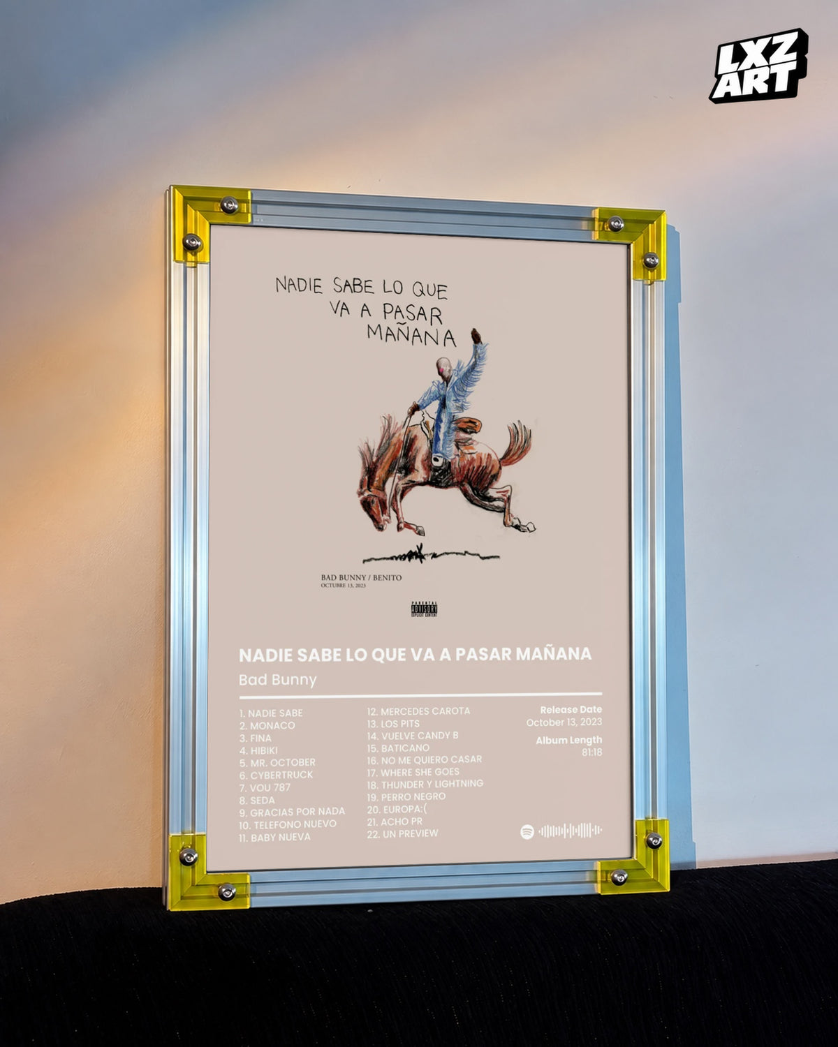 Bad Bunny Nadie Sabe Lo Que Va A Pasar Mañana Album Tracklist Poster | Unframed Latin Trap Wall Art — LXZART display 3; frame not included