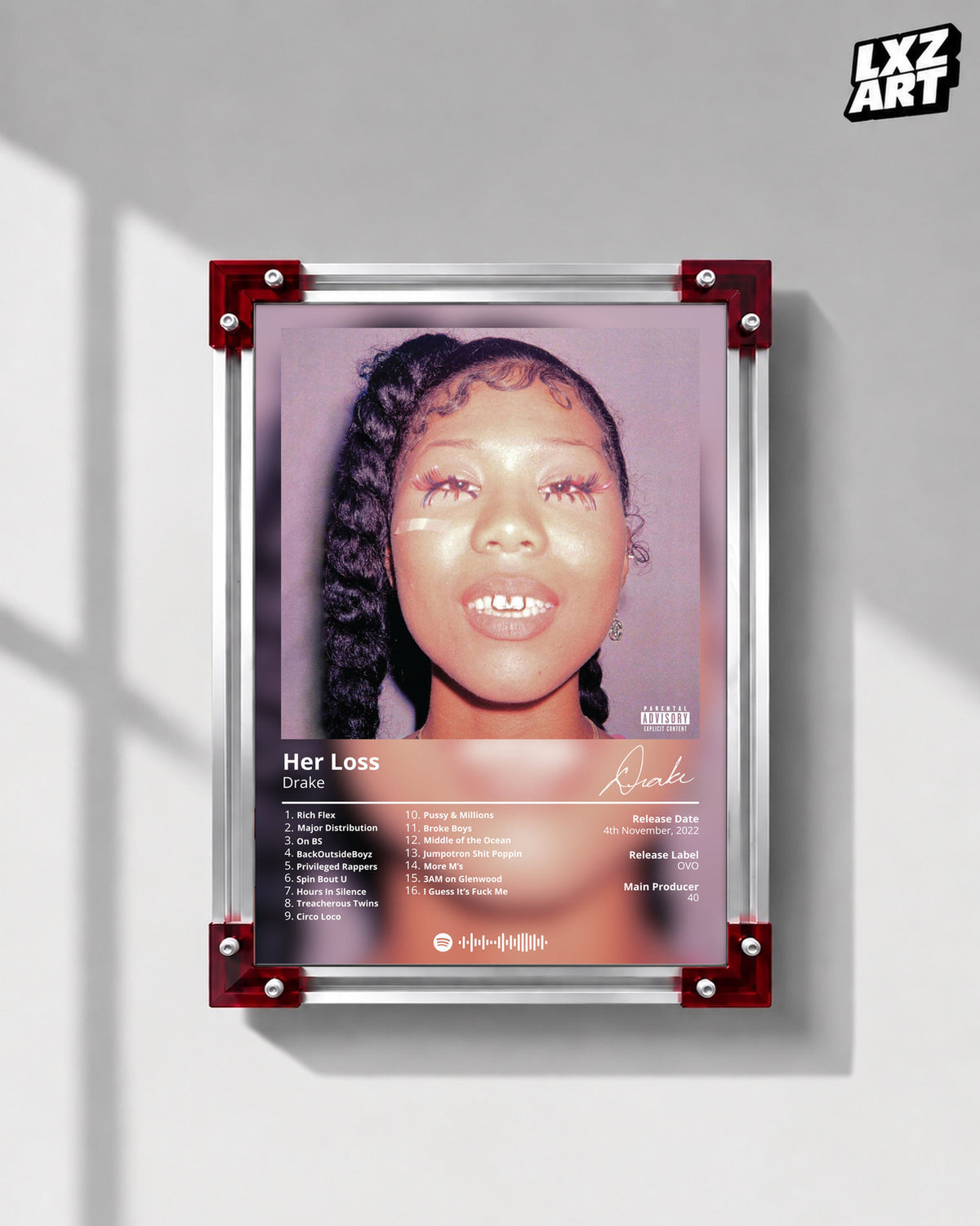 Drake Her Loss Tracklist Poster | Unframed Bedroom Wall Art — LXZART display 1; frame not included