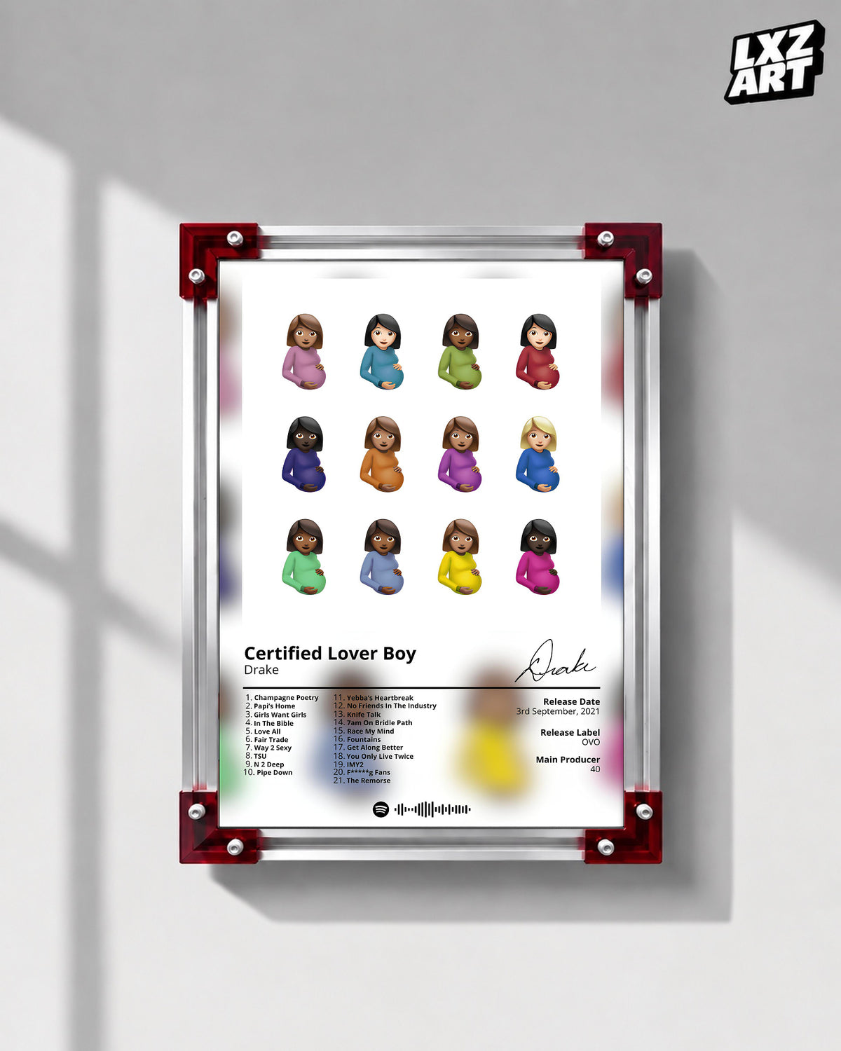 Drake Certified Lover Boy Tracklist Poster | Unframed Bedroom Wall Art — LXZART display 1; frame not included