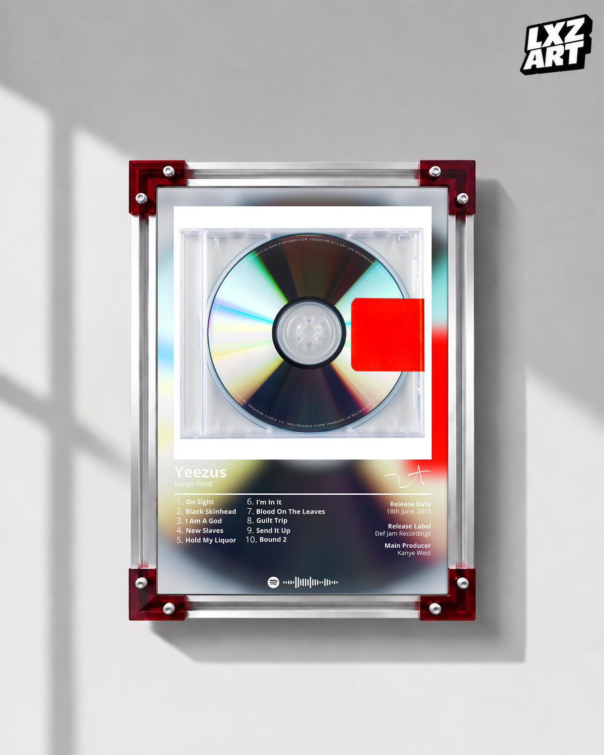 Kanye West Yeezus Tracklist Poster | Unframed Bedroom Wall Art — LXZART display 1; frame not included