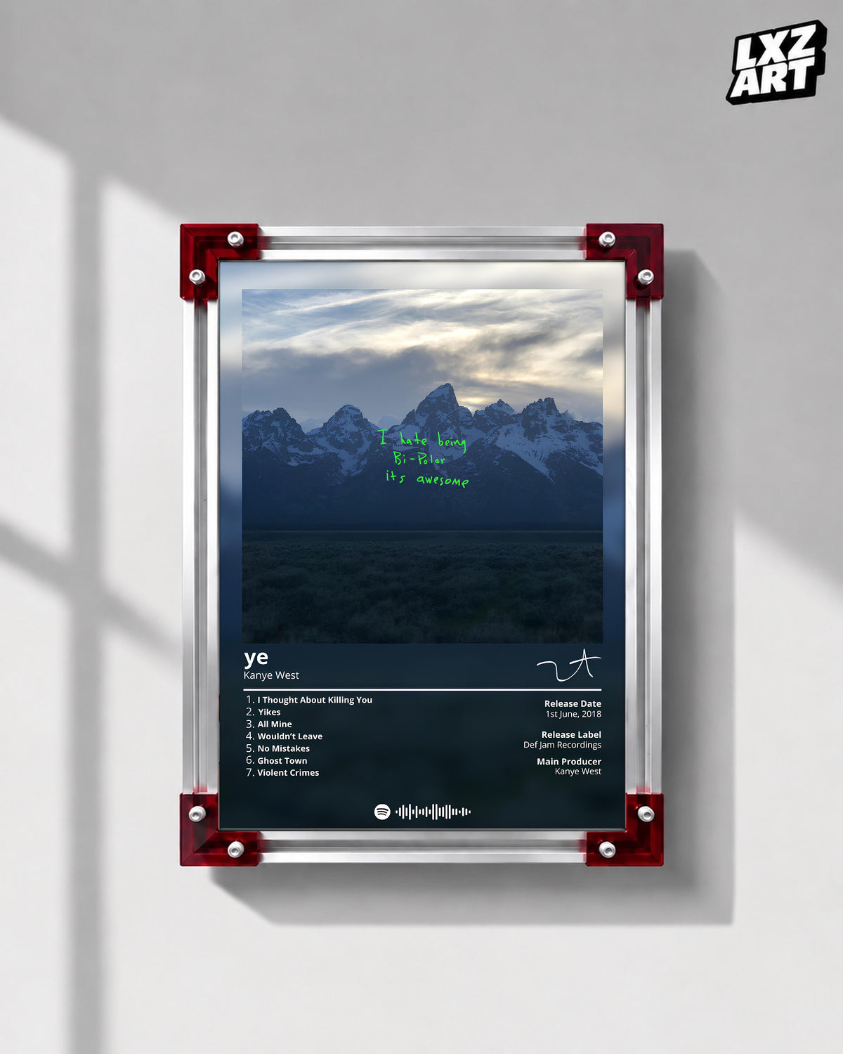Kanye West ye Tracklist Poster | Unframed Bedroom Wall Art — LXZART display 1; frame not included
