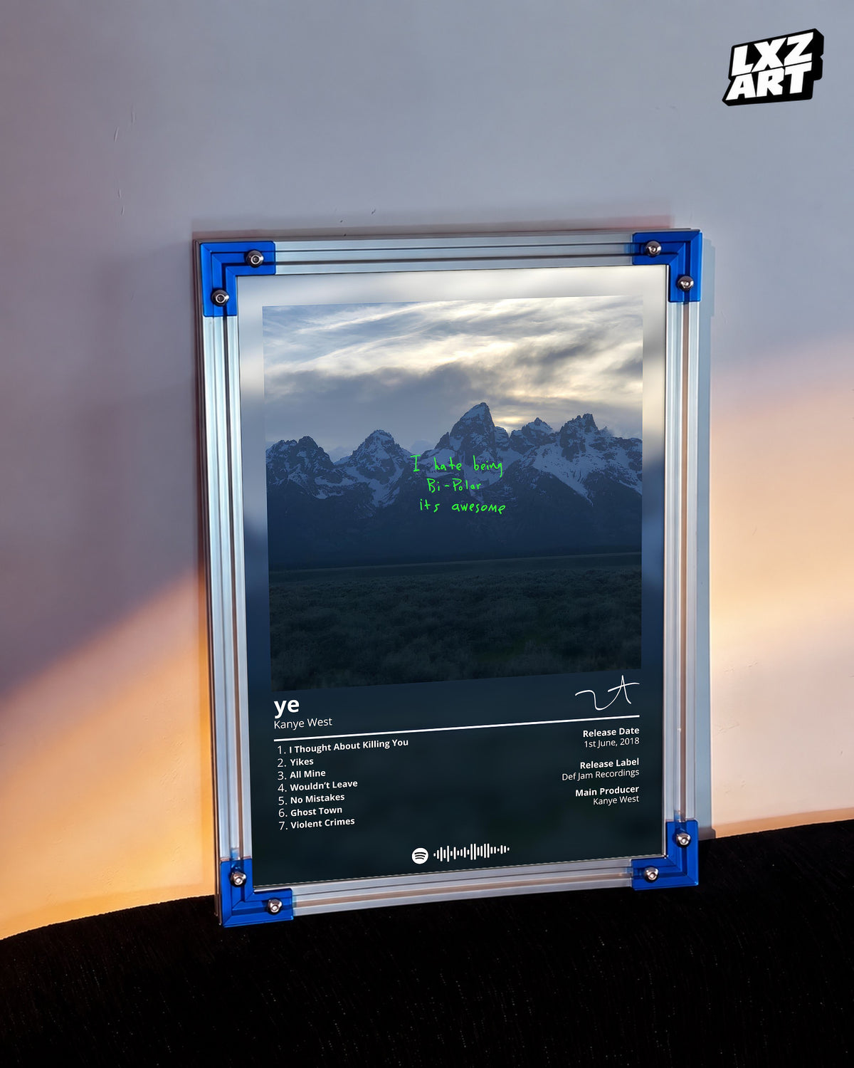 Kanye West ye Tracklist Poster | Unframed Bedroom Wall Art — LXZART display 3; frame not included