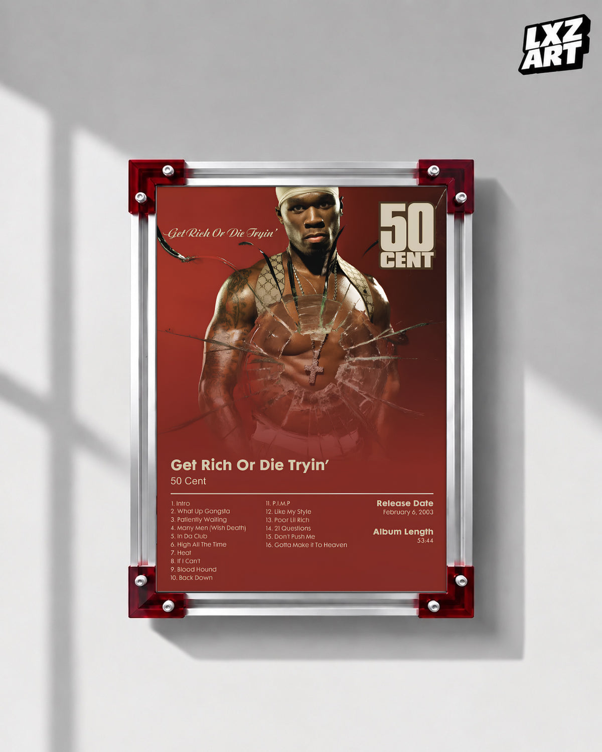 50 Cent Get Rich Or Die Tryin’ Tracklist Poster | Unframed Bedroom Wall Art — LXZART display 1; frame not included