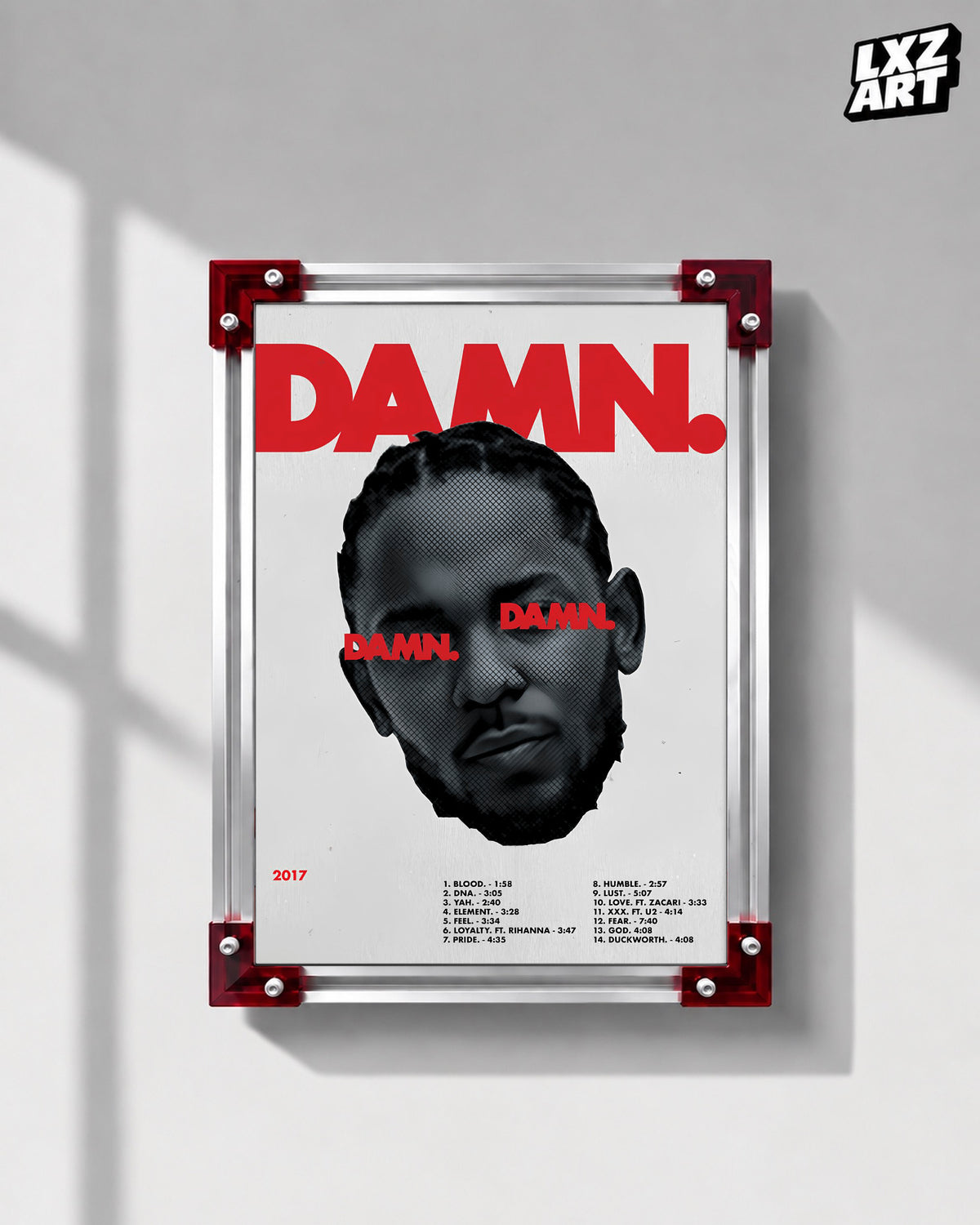 Kendrick Lamar DAMN. Red Portrait Poster | Unframed Hip Hop Wall Art — LXZART display 1; frame not included