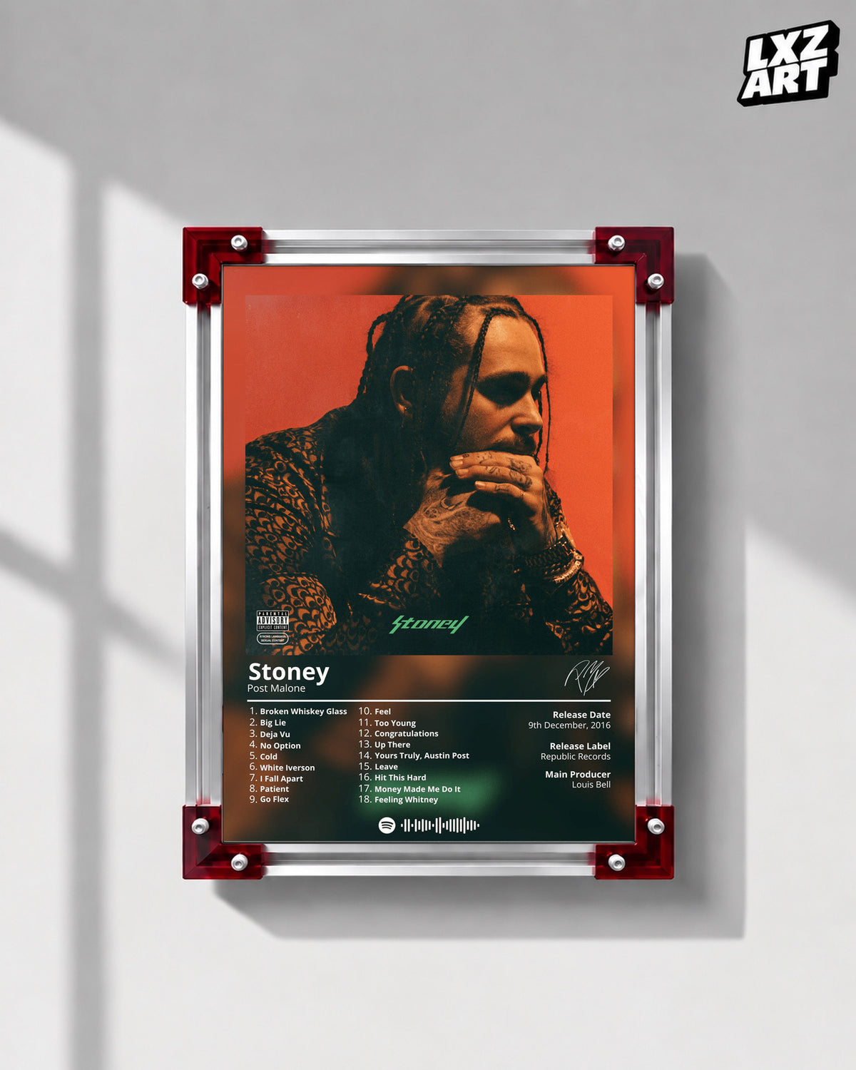 Post Malone Stoney Tracklist Poster | Unframed Bedroom Wall Art — LXZART display 1; frame not included