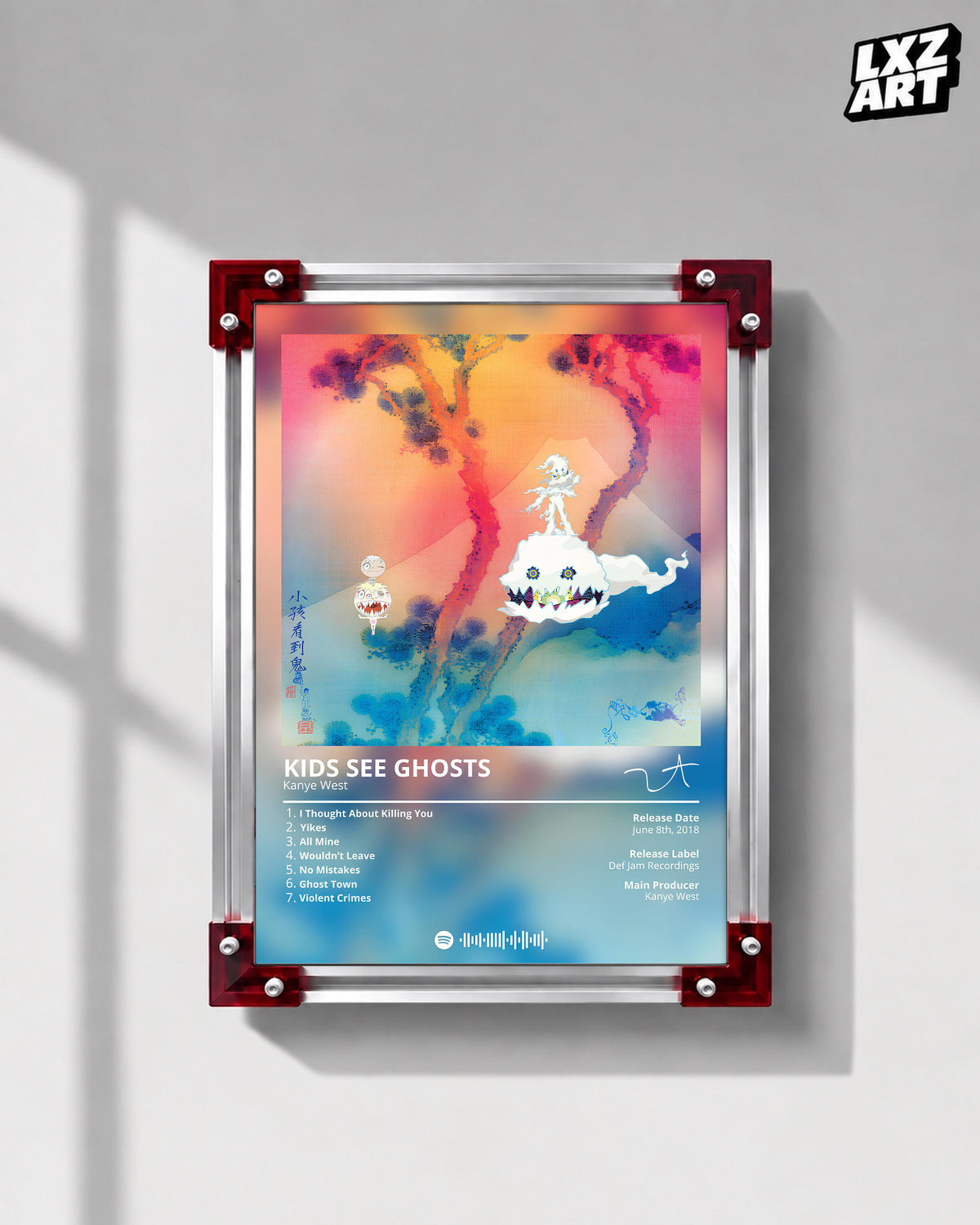 Kanye West & Kid Cudi Kids See Ghosts Tracklist Poster | Unframed Bedroom Wall Art — LXZART display 1; frame not included