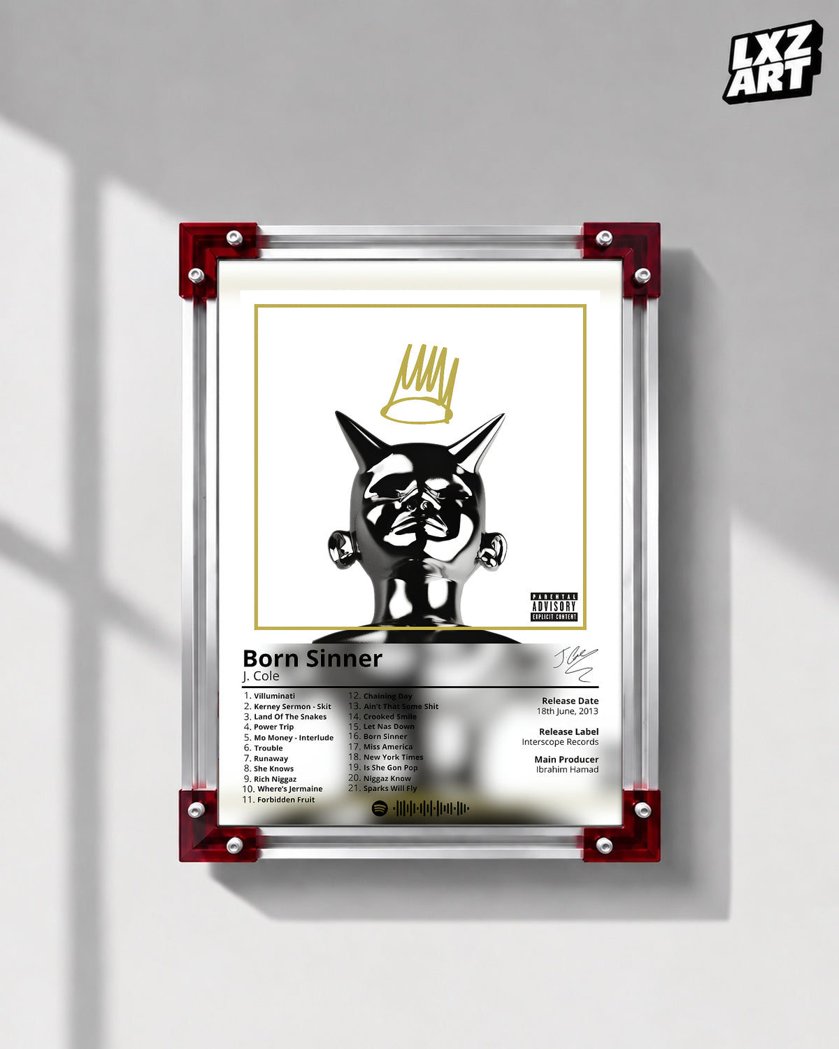J. Cole Born Sinner Album Poster 1 — LXZART display 1; frame not included