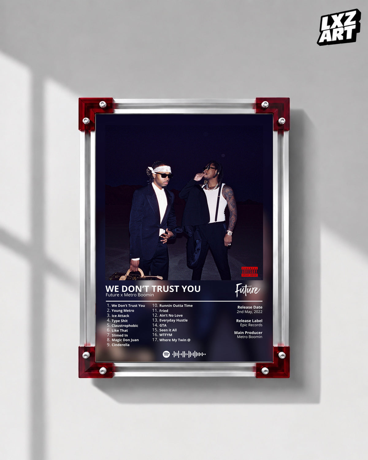 Future & Metro Boomin WE DON’T TRUST YOU Tracklist Poster | Unframed Hip Hop Wall Art — LXZART display 1; frame not included