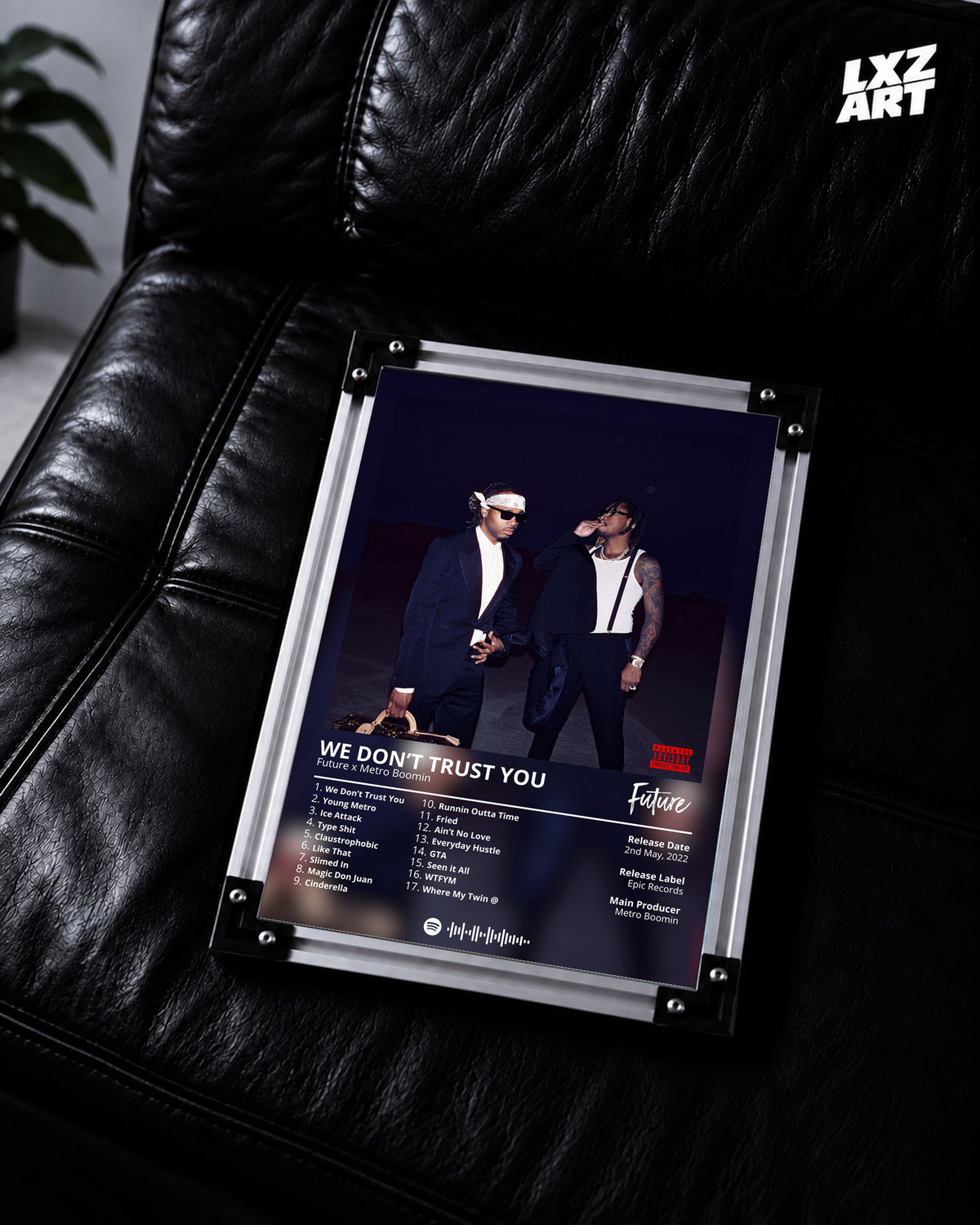 Future & Metro Boomin WE DON’T TRUST YOU Tracklist Poster | Unframed Hip Hop Wall Art — LXZART display 2; frame not included