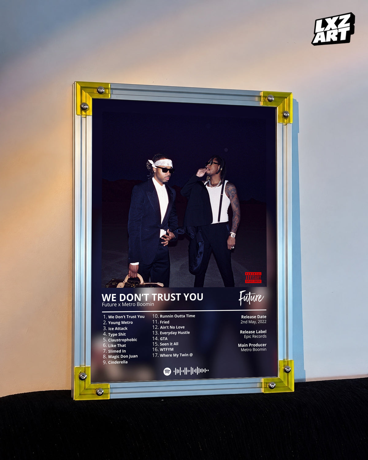 Future & Metro Boomin WE DON’T TRUST YOU Tracklist Poster | Unframed Hip Hop Wall Art — LXZART display 3; frame not included