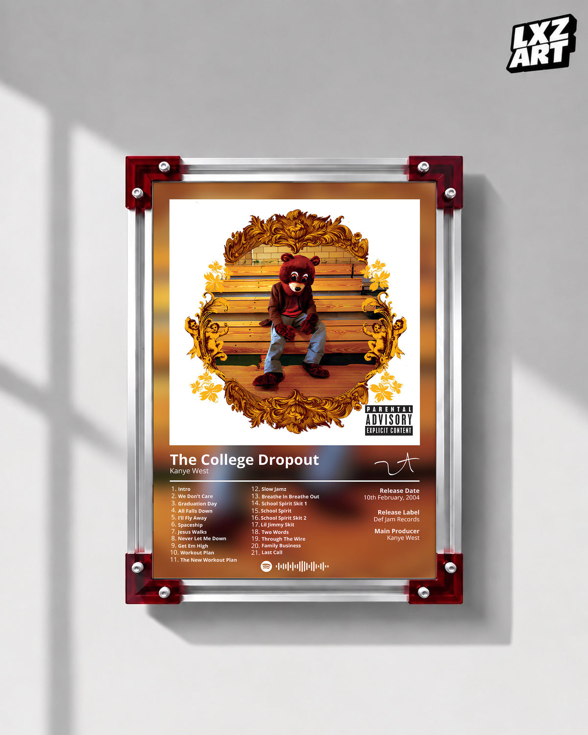 Kanye West The College Dropout Album Tracklist Poster | Unframed Hip Hop Wall Art — LXZART display 1; frame not included