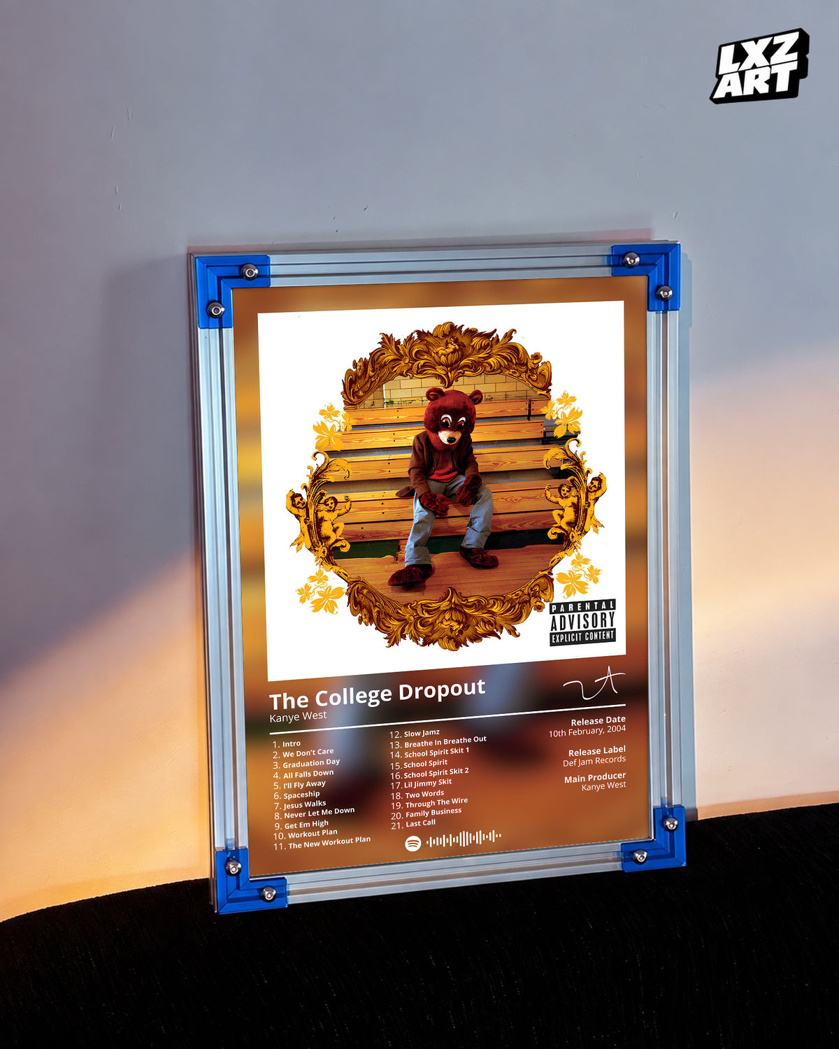 Kanye West The College Dropout Album Tracklist Poster | Unframed Hip Hop Wall Art — LXZART display 3; frame not included