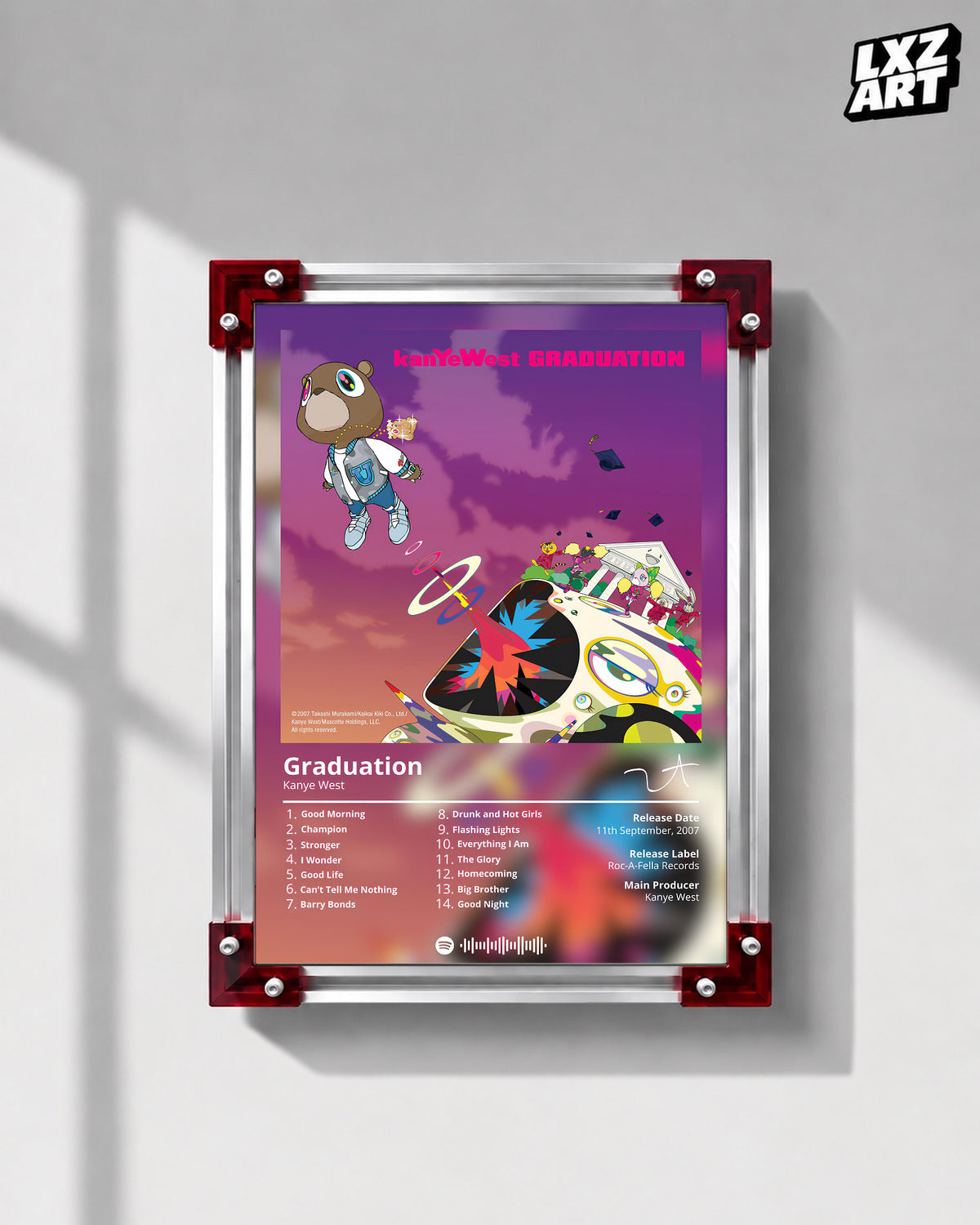 Kanye West Graduation Album Tracklist Poster | Unframed Hip Hop Wall Art — LXZART display 1; frame not included