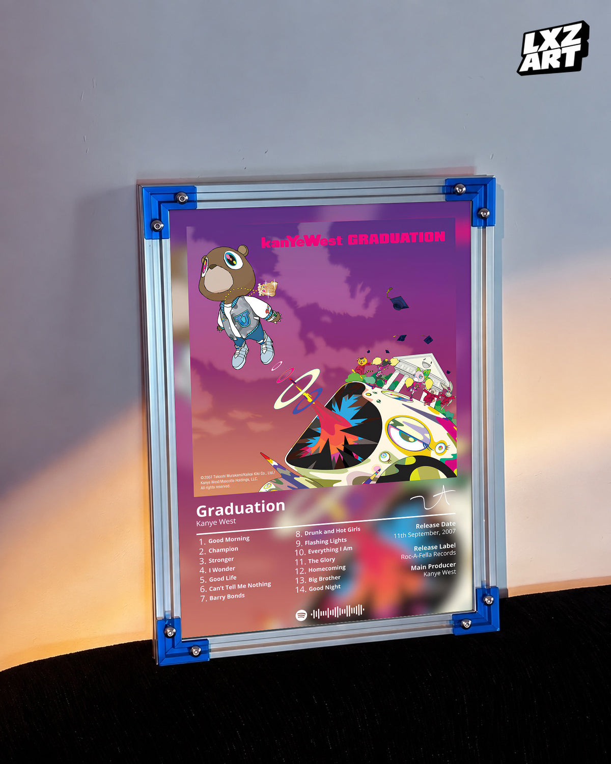 Kanye West Graduation Album Tracklist Poster | Unframed Hip Hop Wall Art — LXZART display 3; frame not included