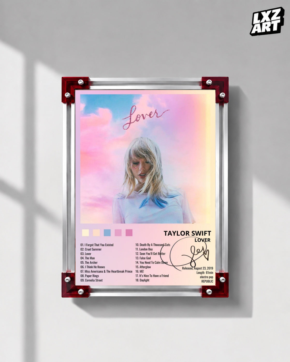 Taylor Swift Lover Pastel Portrait Tracklist Poster | Unframed Pop Wall Art — LXZART display 1; frame not included