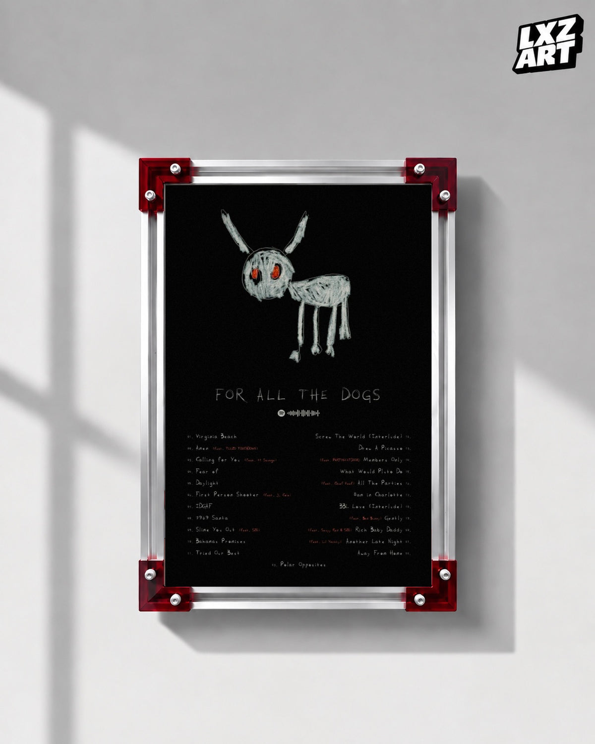 Drake For All the Dogs Album Tracklist Poster | Unframed Hip Hop Wall Art — LXZART display 1; frame not included