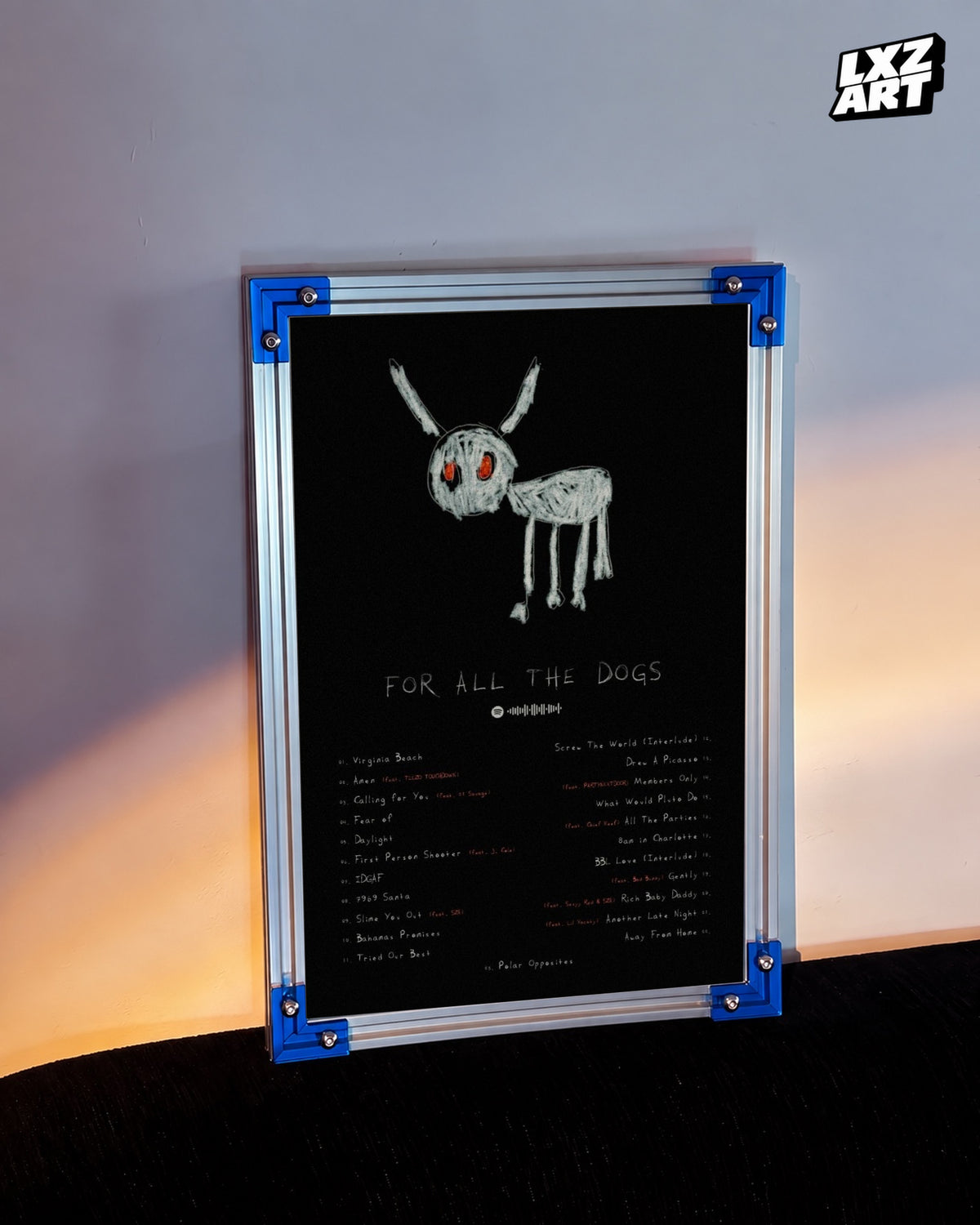Drake For All the Dogs Album Tracklist Poster | Unframed Hip Hop Wall Art — LXZART display 3; frame not included