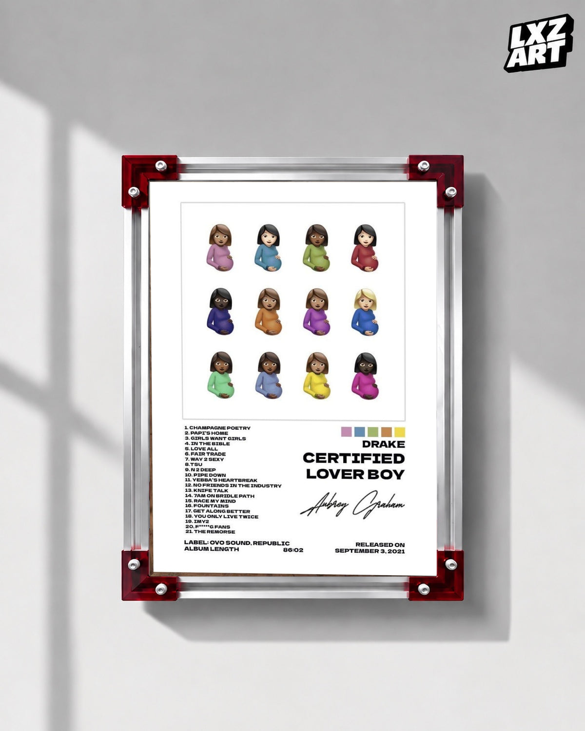 Drake Certified Lover Boy Cover Tracklist Poster | Unframed Hip Hop Wall Art — LXZART display 1; frame not included