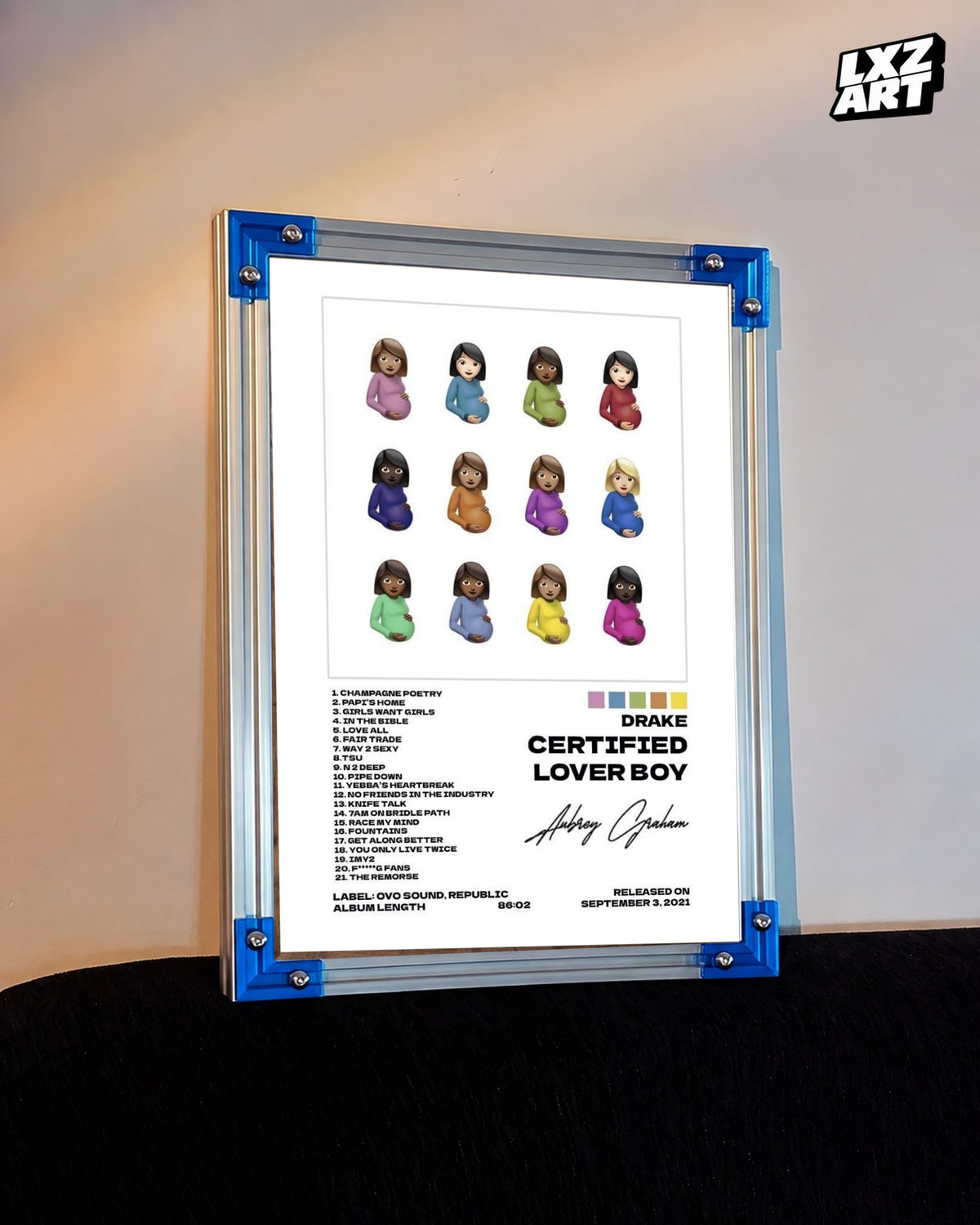 Drake Certified Lover Boy Cover Tracklist Poster | Unframed Hip Hop Wall Art — LXZART display 3; frame not included
