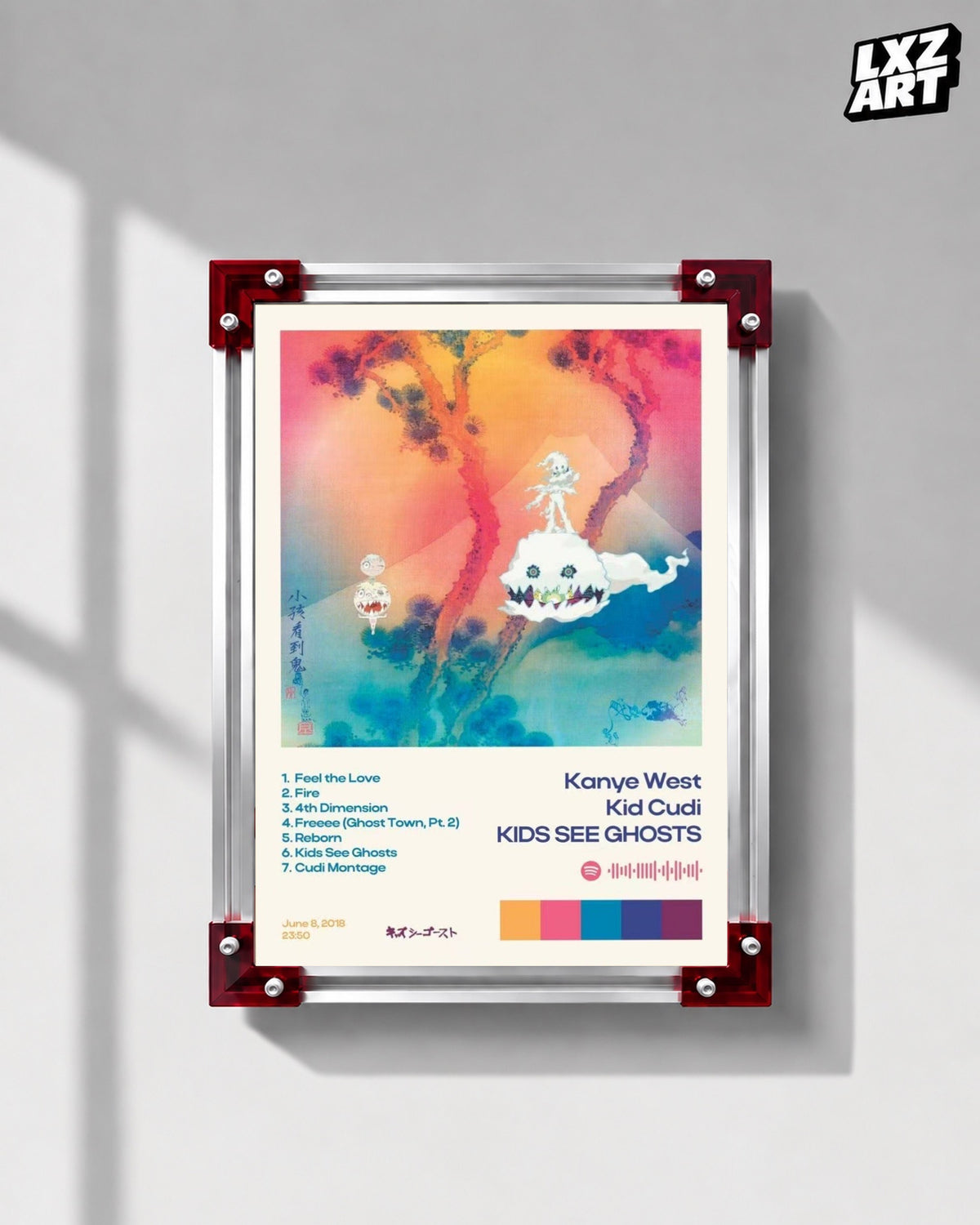 Kanye West & Kid Cudi Kids See Ghosts Album Tracklist Poster | Unframed Hip Hop Wall Art — LXZART display 1; frame not included