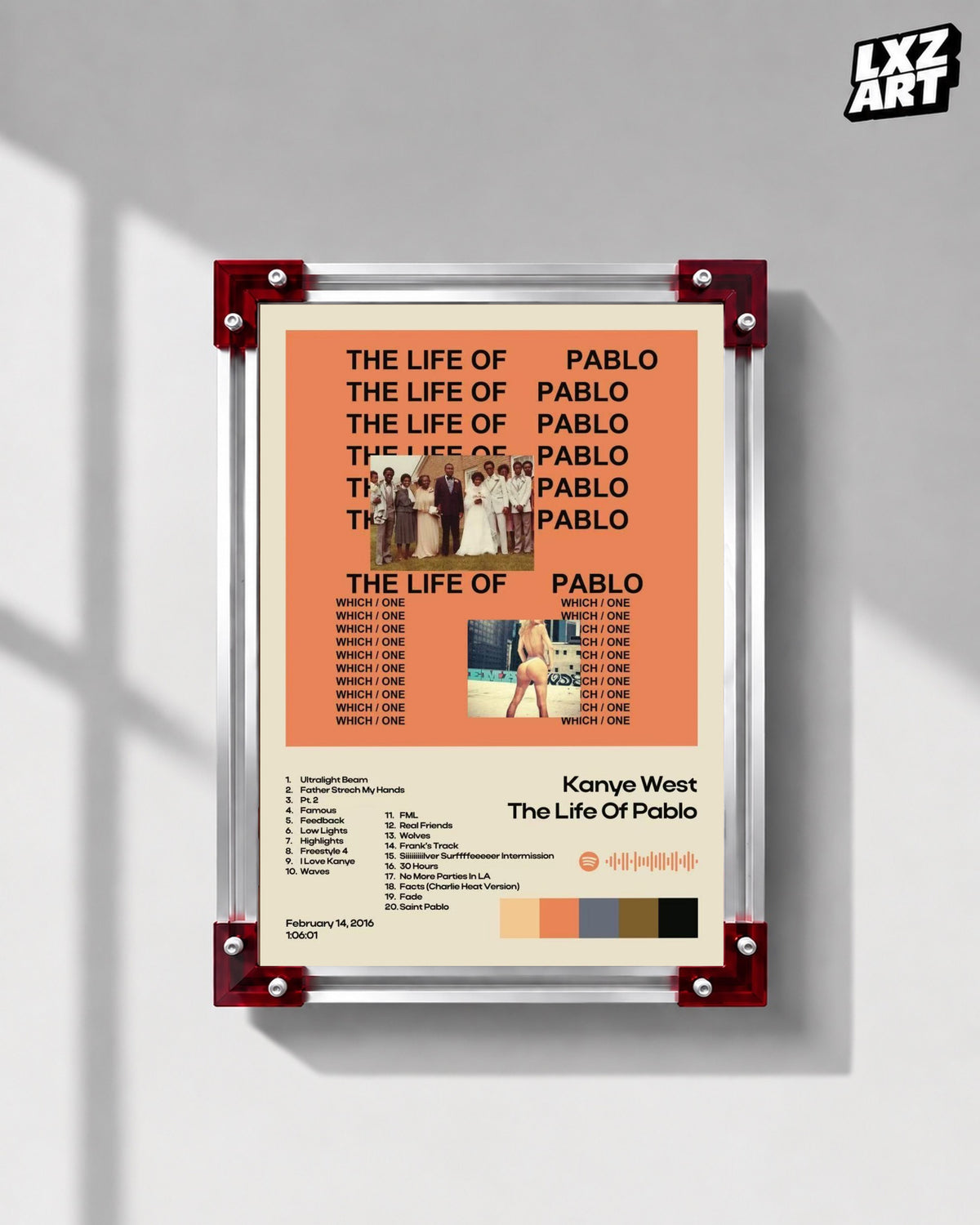 Kanye West The Life of Pablo Album Tracklist Poster | Unframed Hip Hop Wall Art — LXZART display 1; frame not included