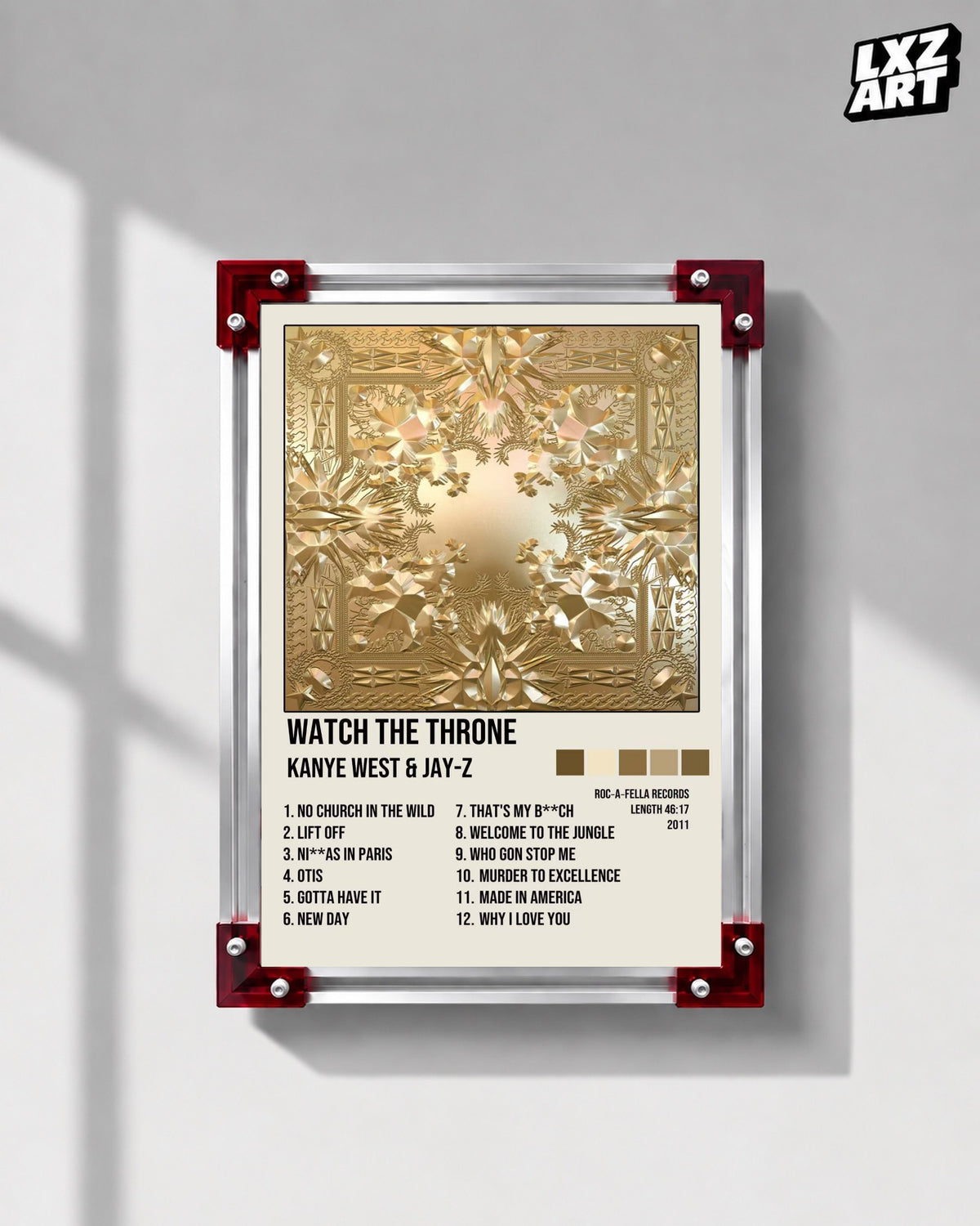 Kanye West & Jay-Z Watch the Throne Album Tracklist Poster | Unframed Hip Hop Wall Art — LXZART display 1; frame not included