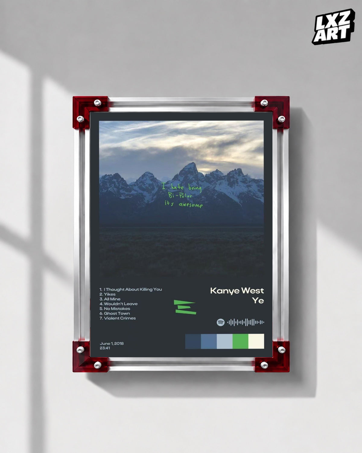 Kanye West Ye Album Tracklist Poster | Unframed Hip Hop Wall Art — LXZART display 1; frame not included