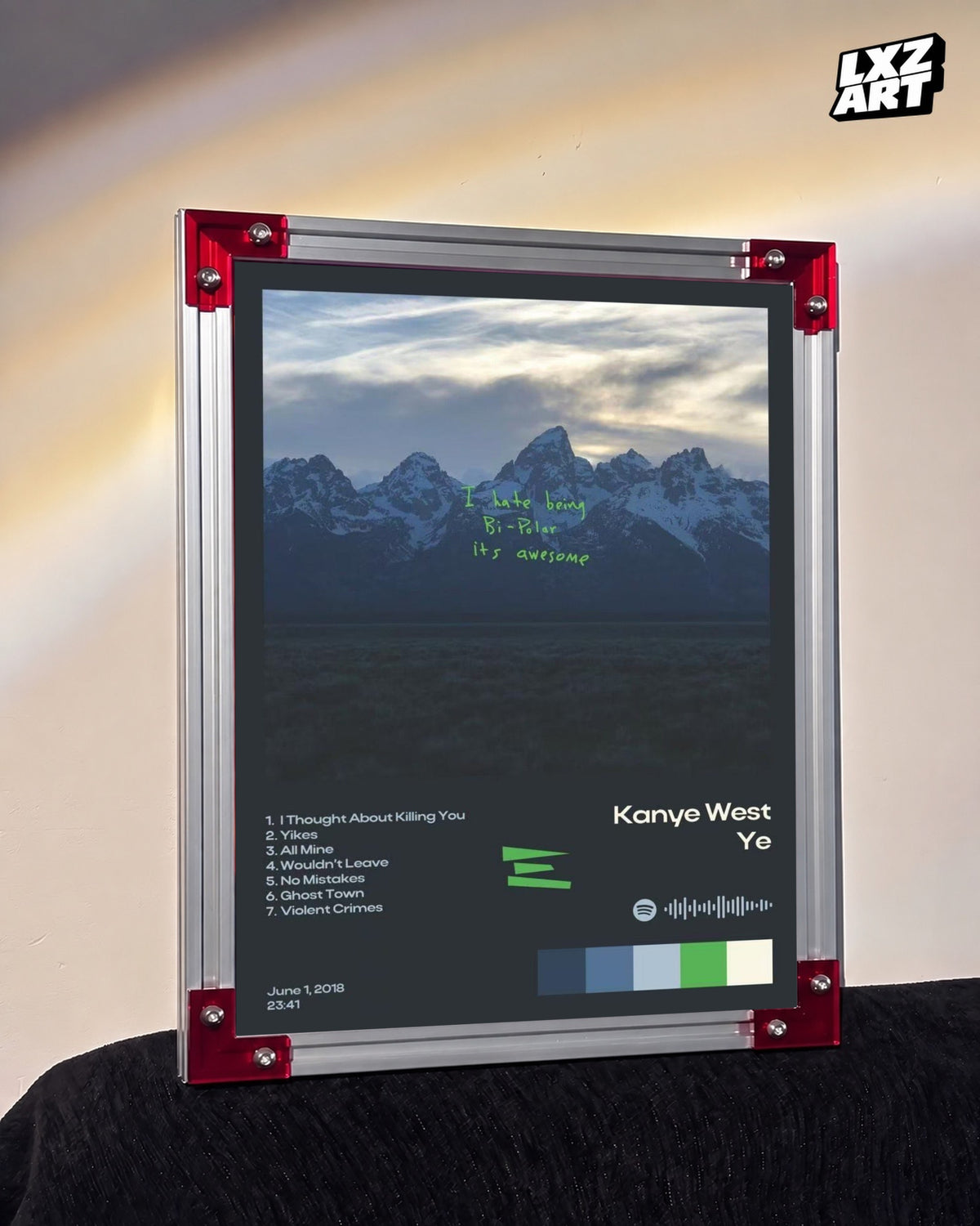 Kanye West Ye Album Tracklist Poster | Unframed Hip Hop Wall Art — LXZART display 3; frame not included