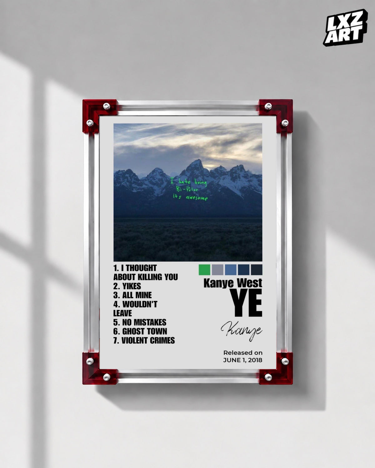 Kanye West Ye Album Tracklist Poster | Unframed Hip Hop Wall Art — LXZART display 1; frame not included