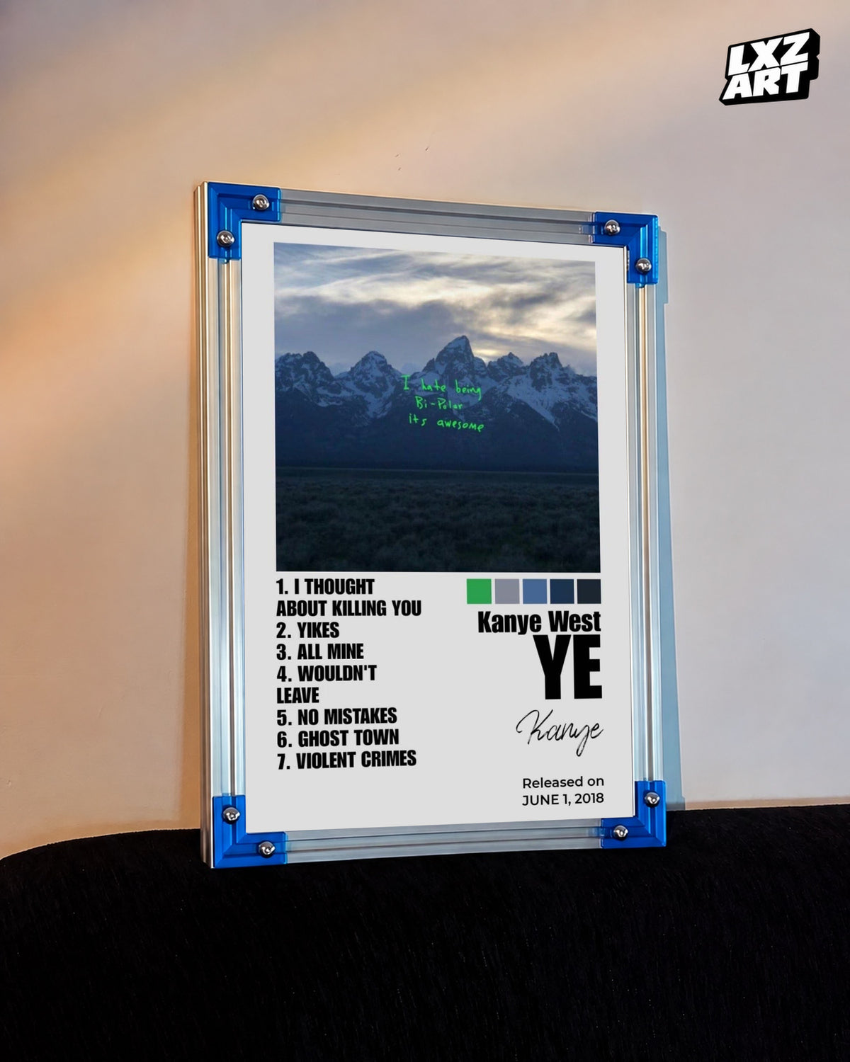 Kanye West Ye Album Tracklist Poster | Unframed Hip Hop Wall Art — LXZART display 3; frame not included