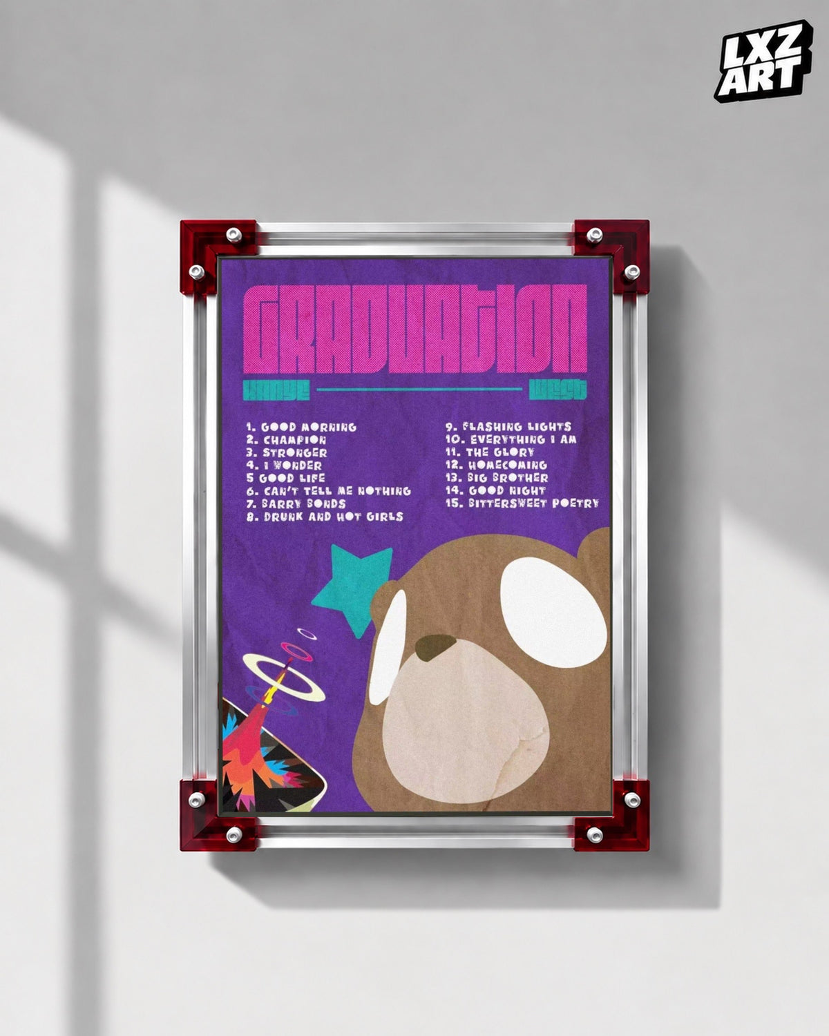Kanye West Graduation Album-Inspired Tracklist Poster | Unframed Hip Hop Wall Art — LXZART display 1; frame not included