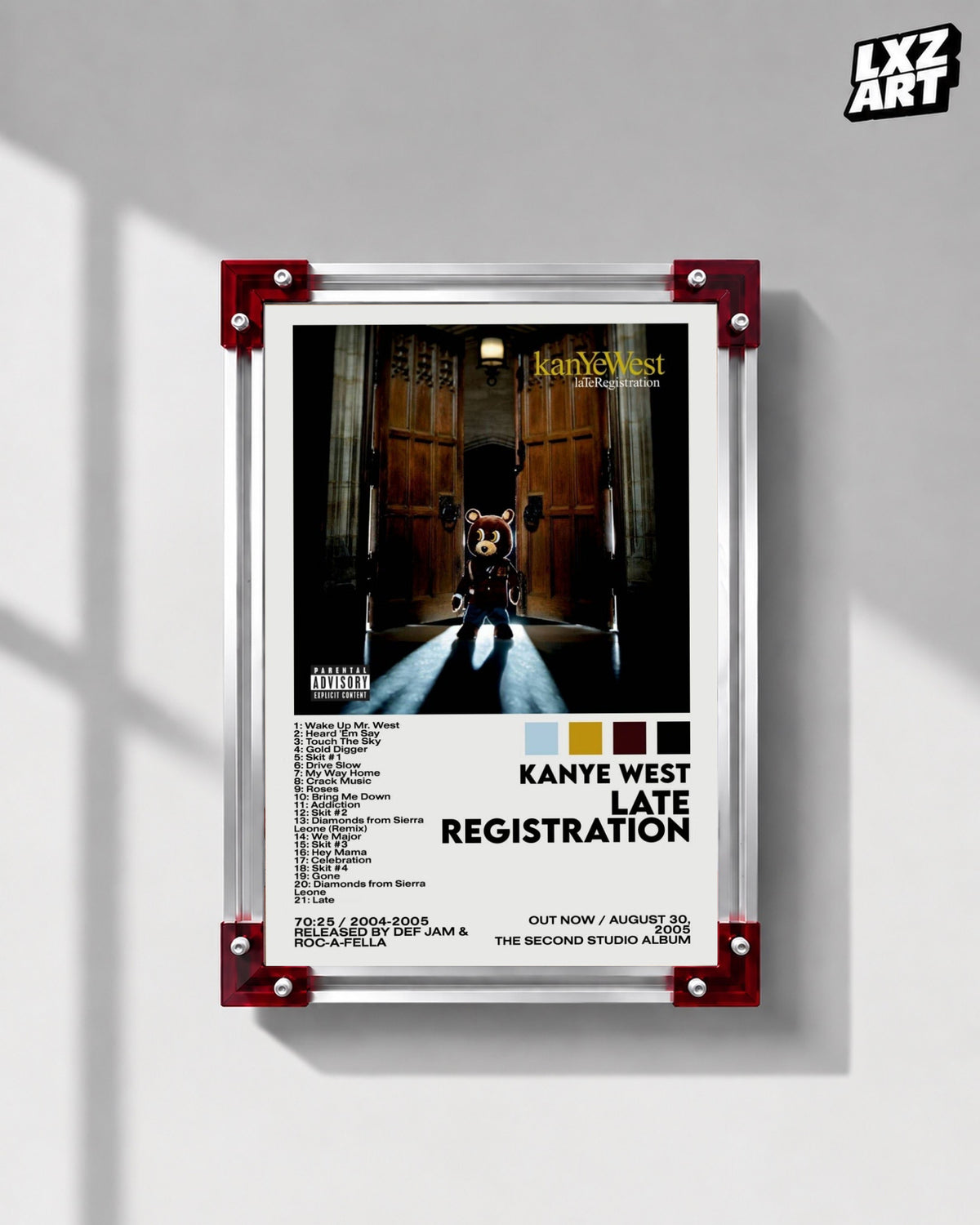 Kanye West Late Registration Album Tracklist Poster | Unframed Hip Hop Wall Art — LXZART display 1; frame not included