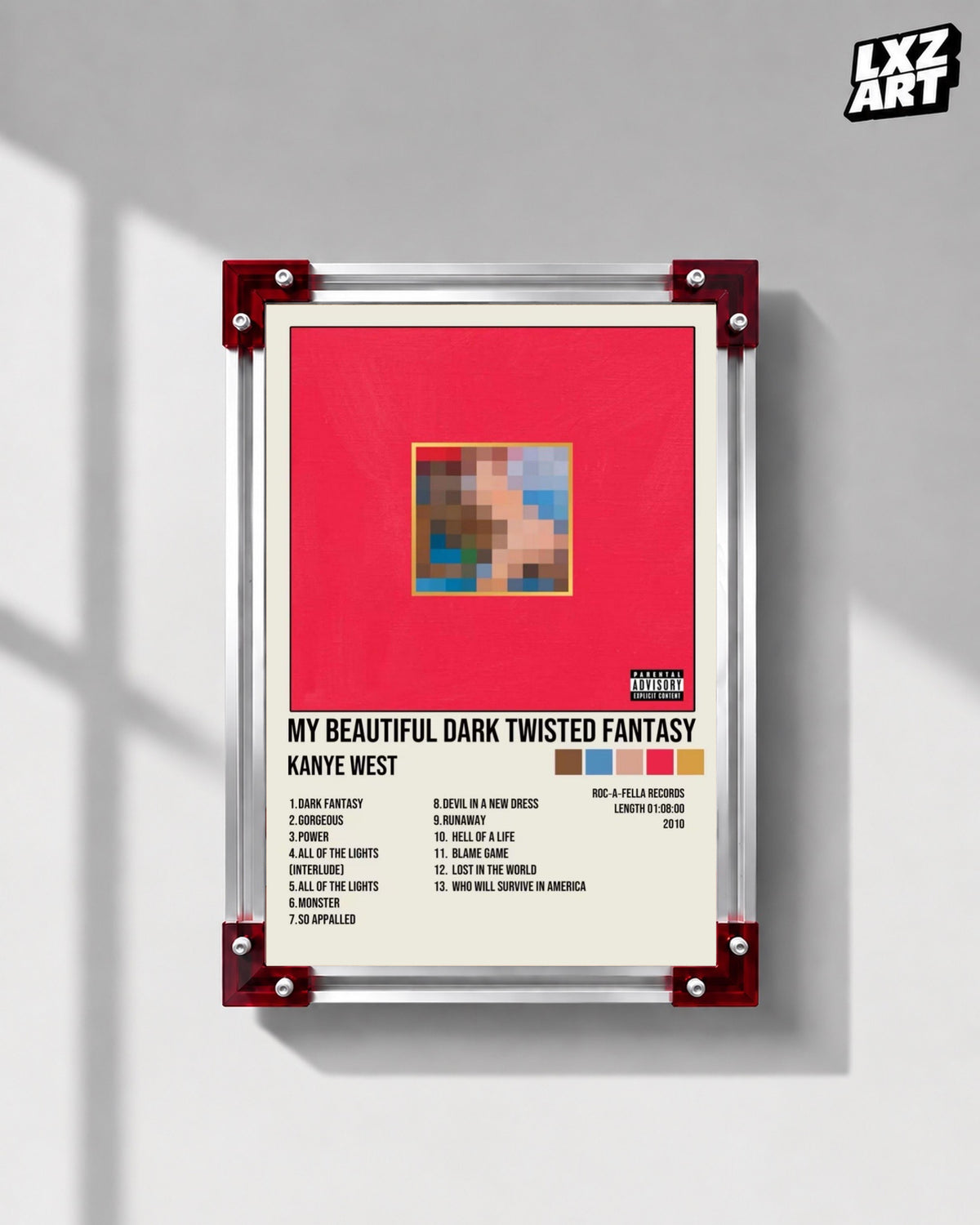 Kanye West My Beautiful Dark Twisted Fantasy Album Tracklist Poster | Unframed Hip Hop Wall Art — LXZART display 1; frame not included