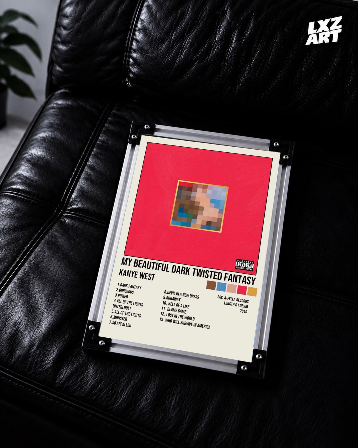 Kanye West My Beautiful Dark Twisted Fantasy Album Tracklist Poster | Unframed Hip Hop Wall Art — LXZART display 2; frame not included