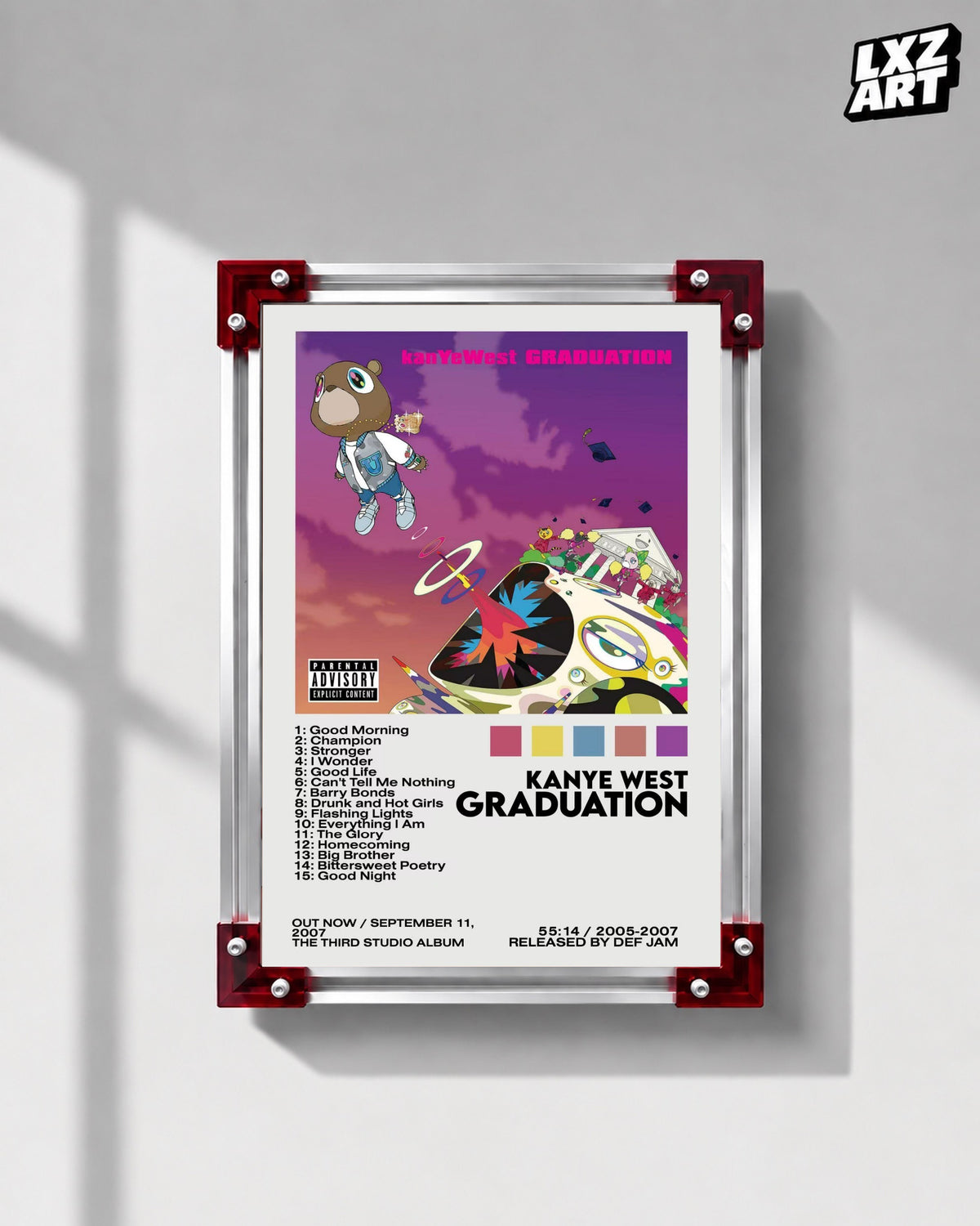 Kanye West Graduation Album-Inspired Tracklist Poster | Unframed Hip Hop Wall Art — LXZART display 1; frame not included