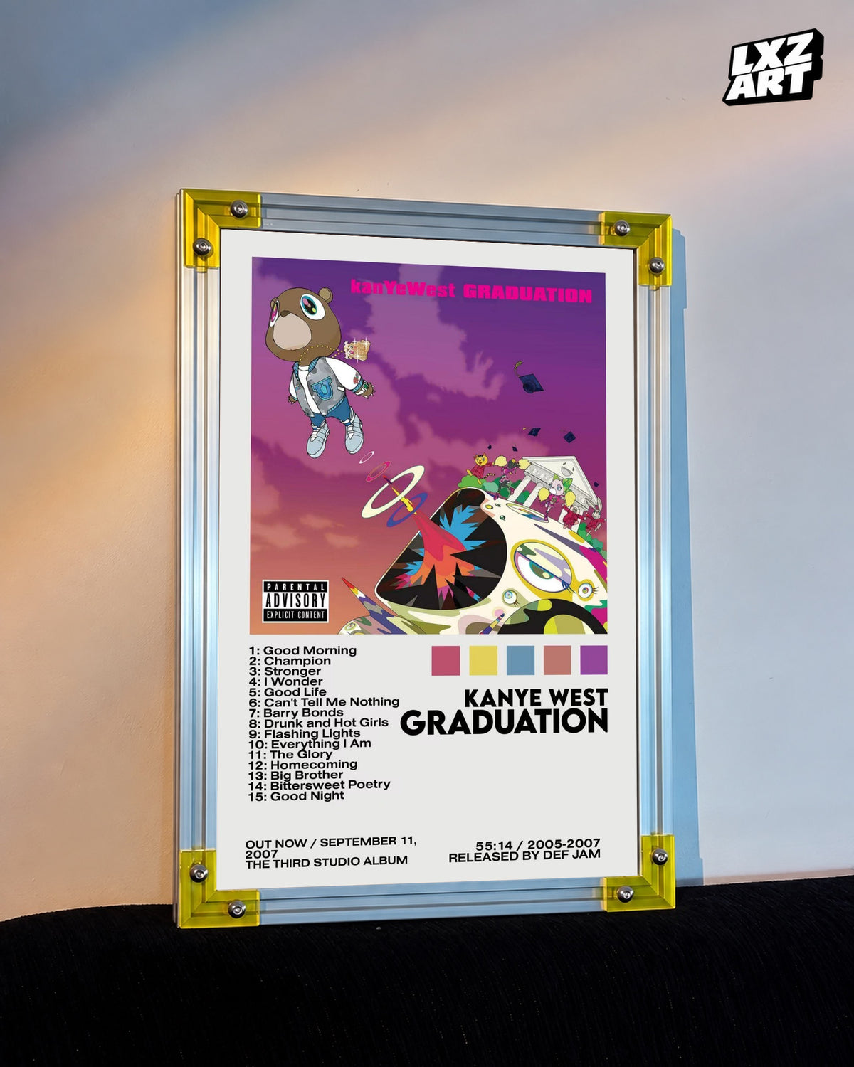Kanye West Graduation Album-Inspired Tracklist Poster | Unframed Hip Hop Wall Art — LXZART display 3; frame not included