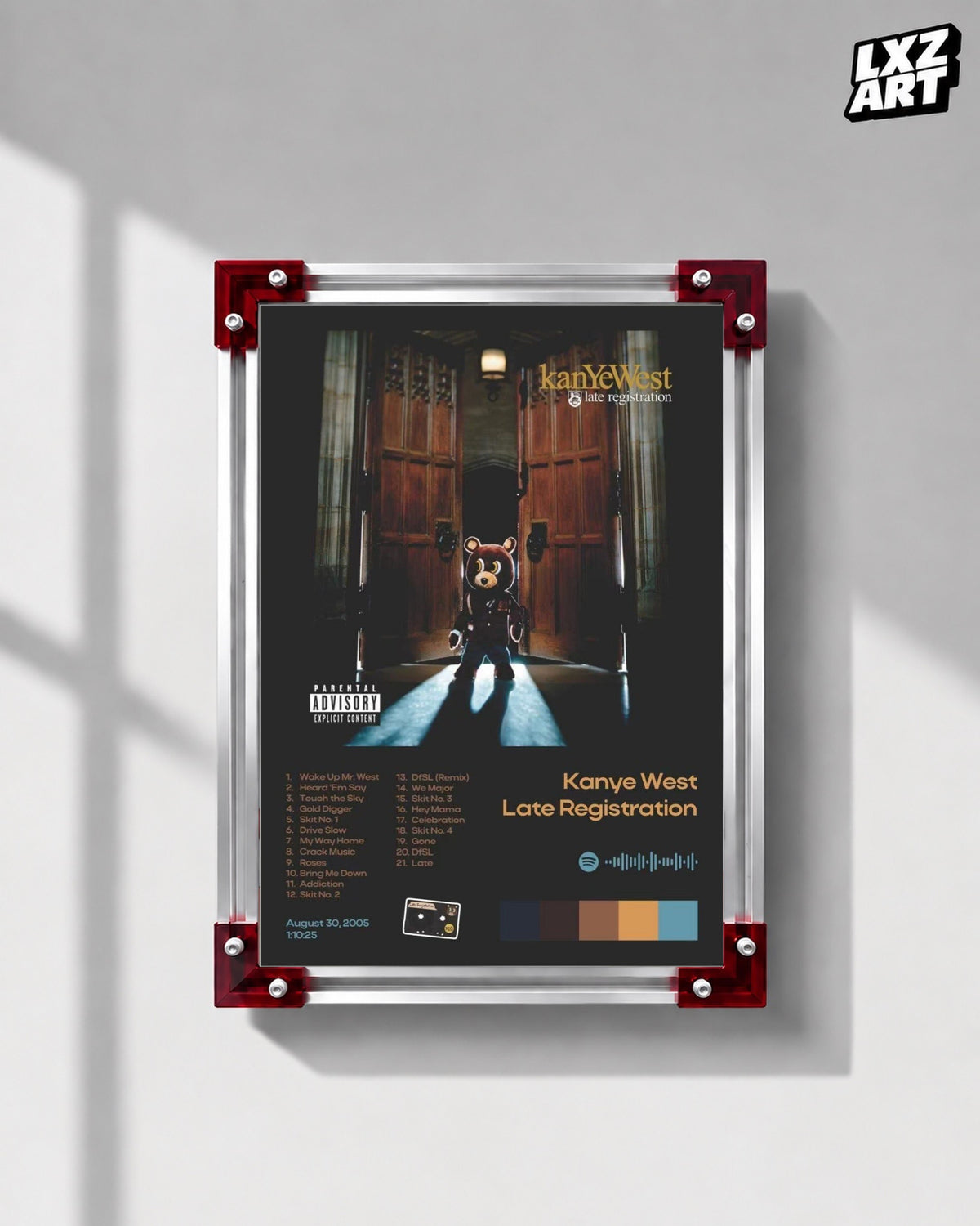 Kanye West Late Registration Album Tracklist Poster | Unframed Hip Hop Wall Art — LXZART display 1; frame not included