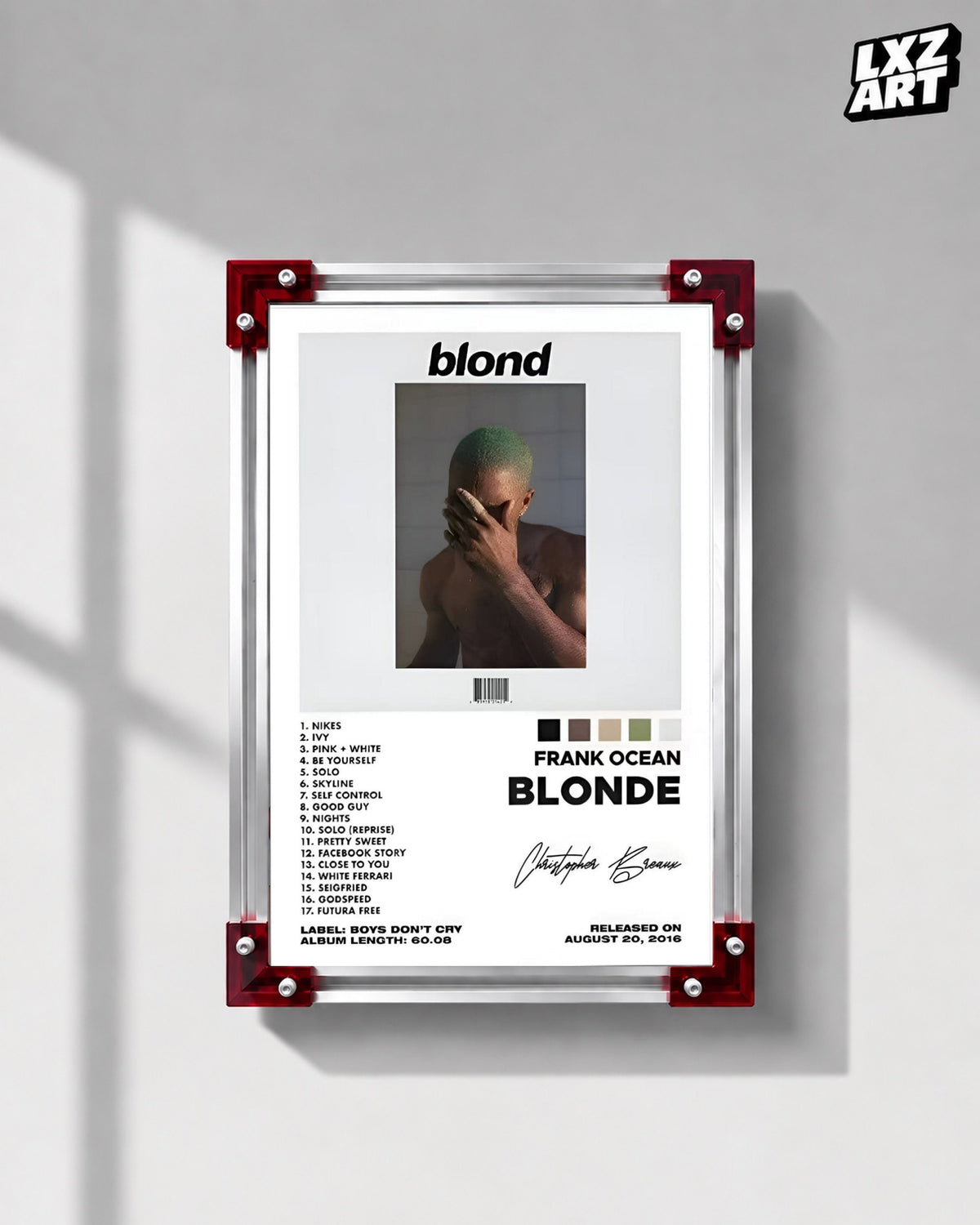 Frank Ocean Blonde Tracklist Poster | Minimalist Unframed Wall Art — LXZART display 1; frame not included