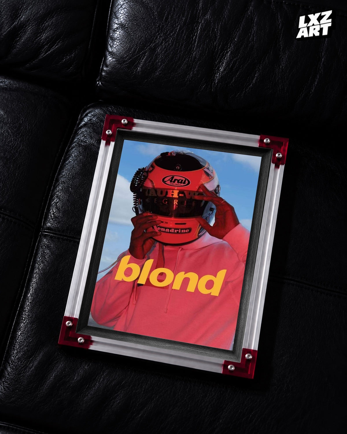 Frank Ocean Blond Red Helmet Poster — LXZART display 2; frame not included