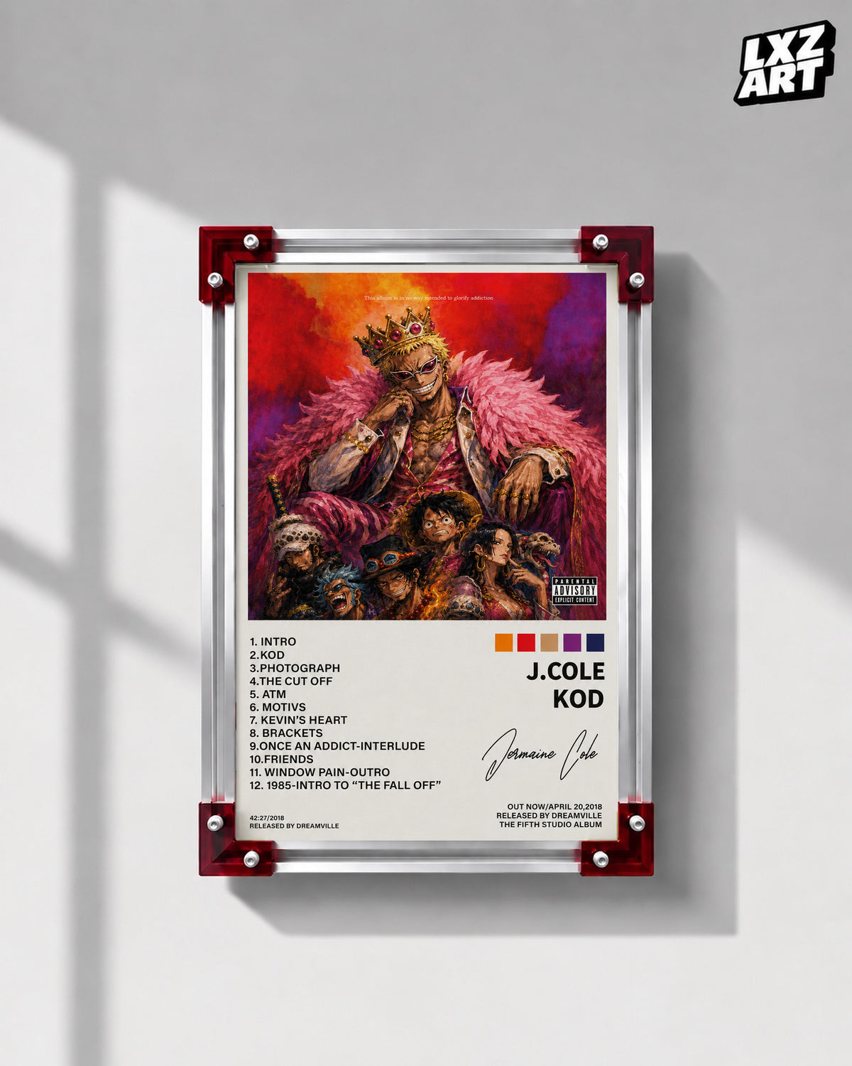 J. Cole KOD x One Piece Anime Album Cover Poster — LXZART display 1; frame not included