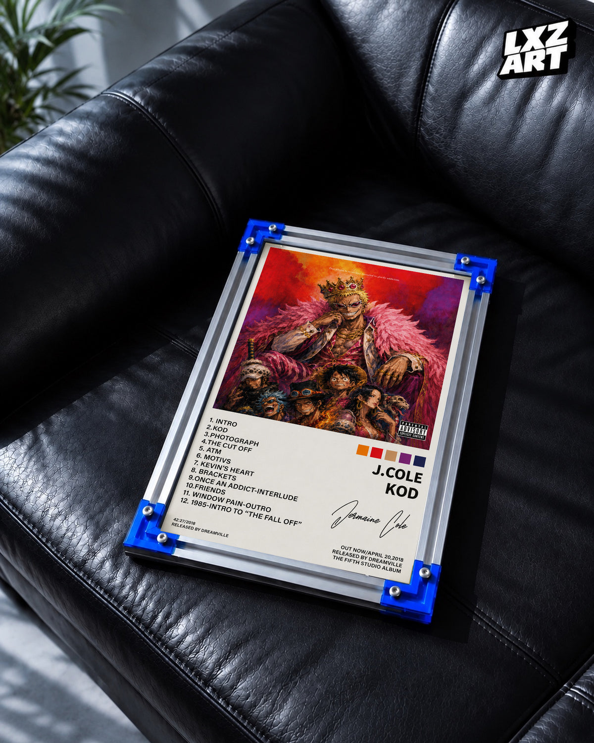 J. Cole KOD x One Piece Anime Album Cover Poster — LXZART display 2; frame not included