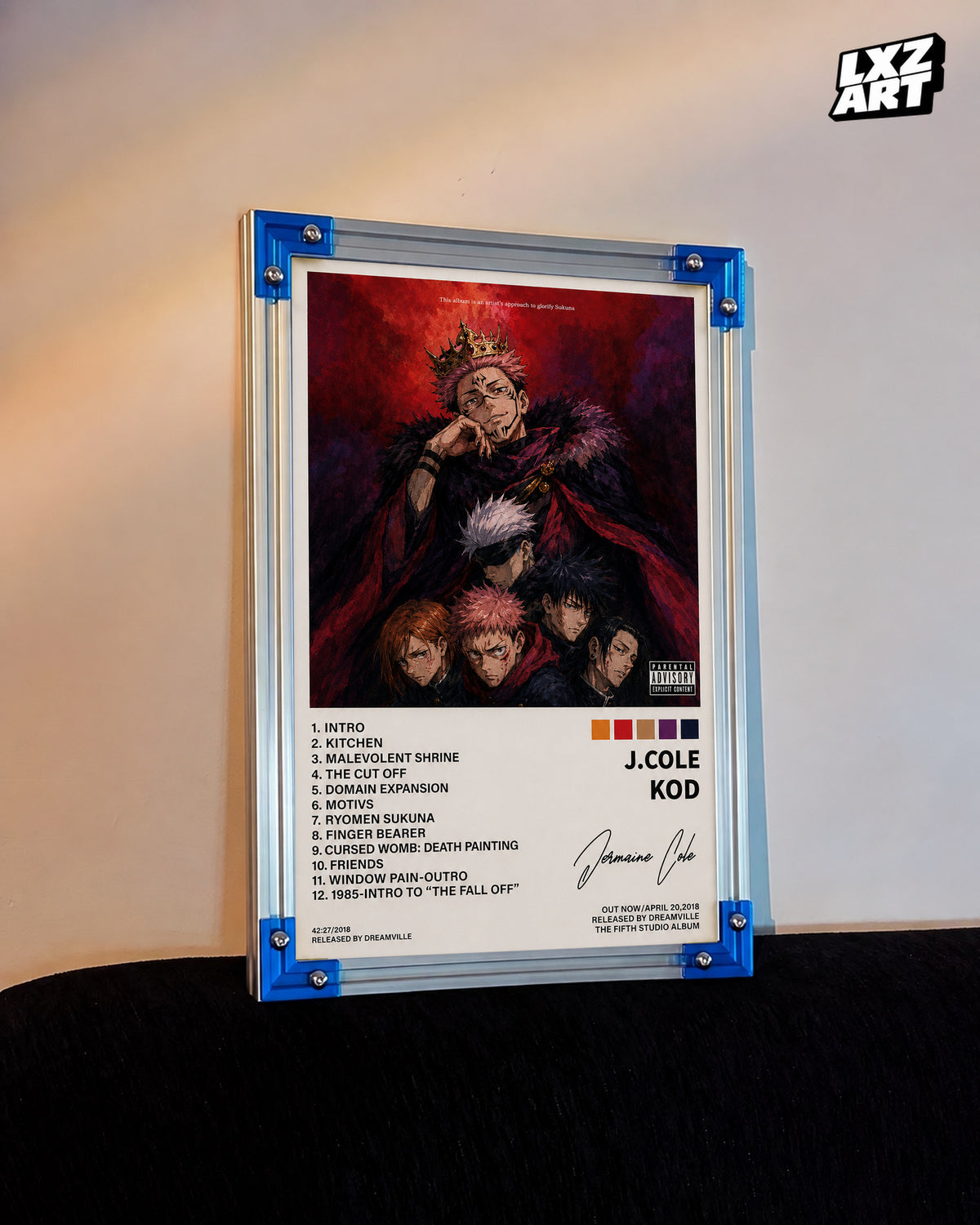J. Cole KOD x Jujutsu Kaisen Anime Album Cover Poster — LXZART display 3; frame not included