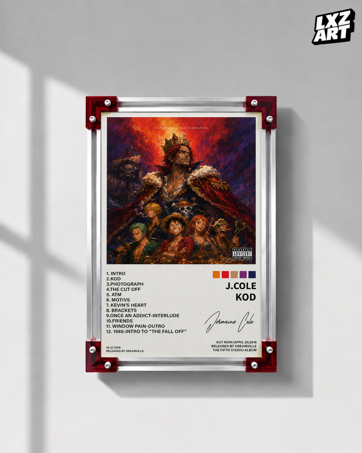 J. Cole KOD x One Piece Shanks Anime Album Cover Poster — LXZART display 1; frame not included