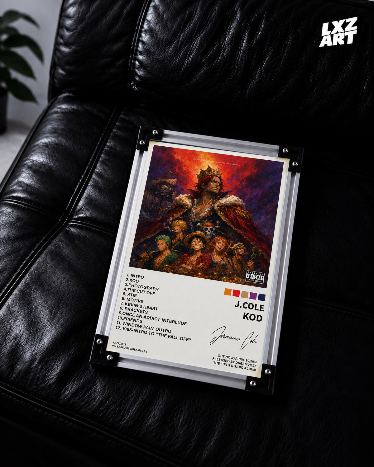 J. Cole KOD x One Piece Shanks Anime Album Cover Poster — LXZART display 2; frame not included