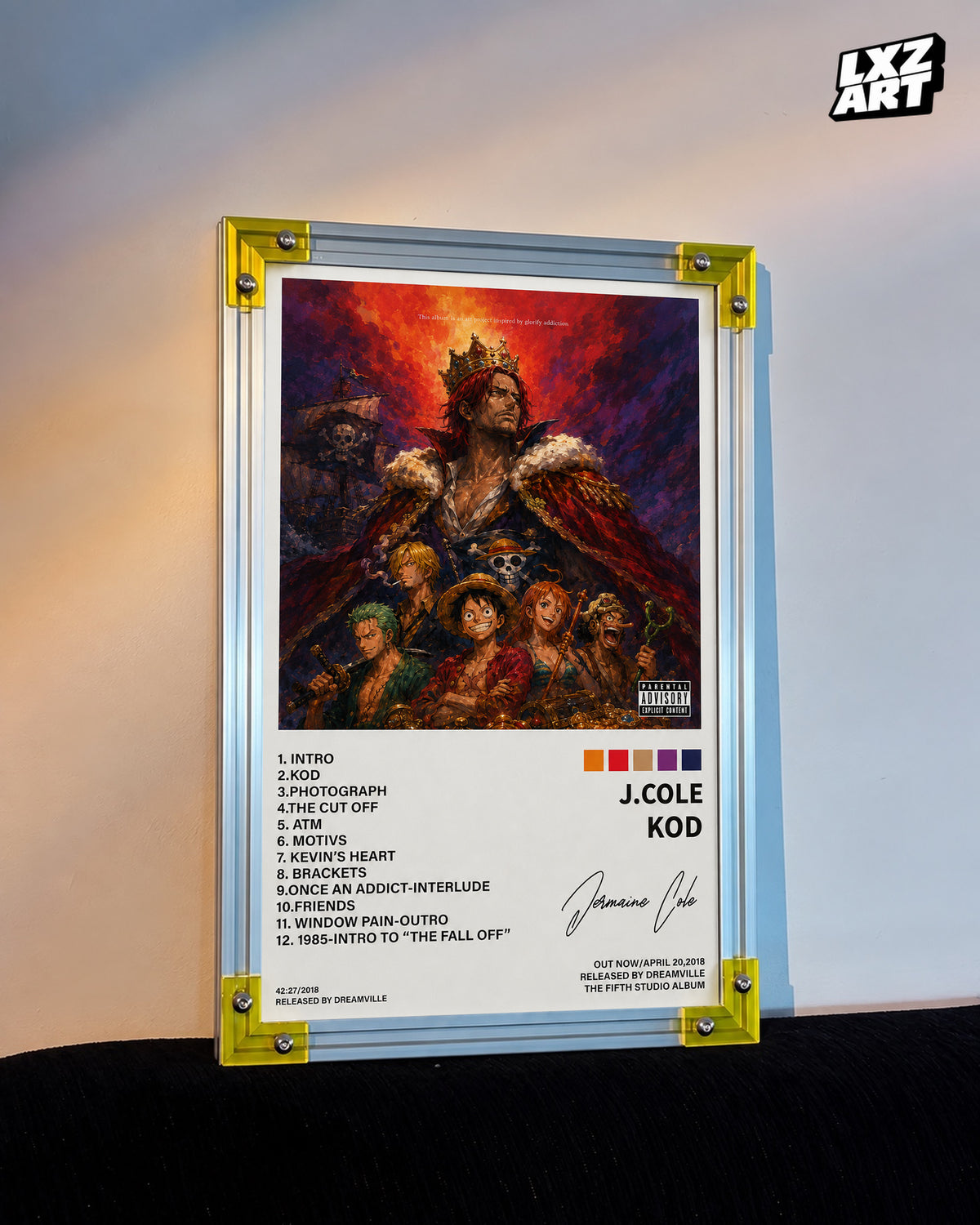 J. Cole KOD x One Piece Shanks Anime Album Cover Poster — LXZART display 3; frame not included