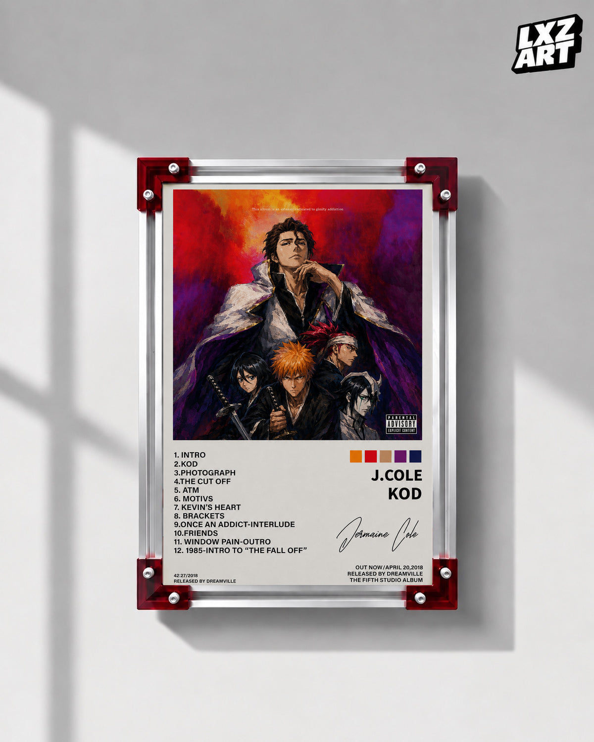 J. Cole KOD x Bleach Anime Album Cover Poster — LXZART display 1; frame not included