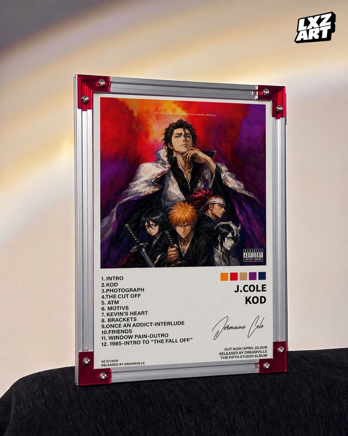 J. Cole KOD x Bleach Anime Album Cover Poster — LXZART display 3; frame not included