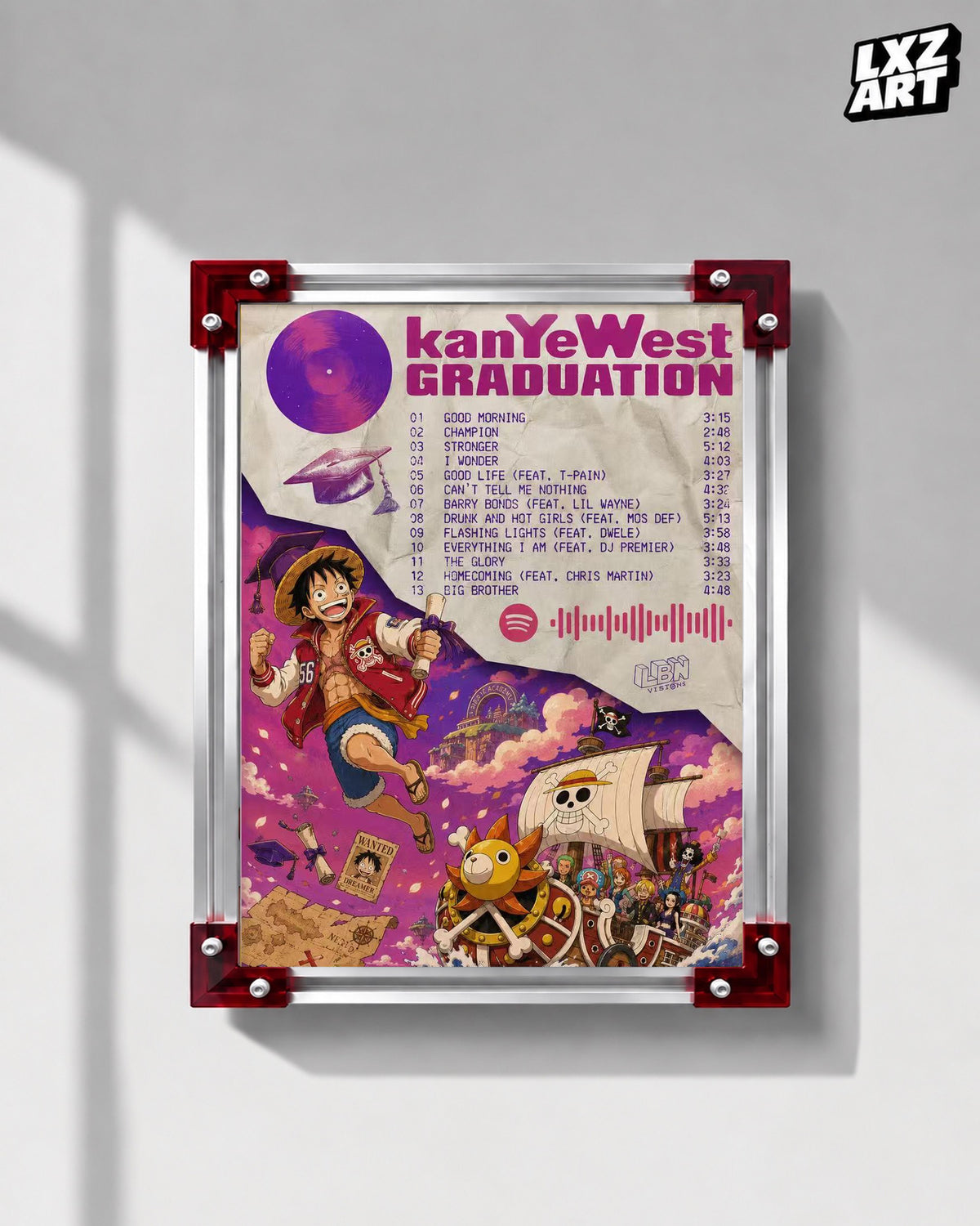 Kanye West Graduation One Piece Inspired Tracklist Poster | Unframed Anime Wall Art — LXZART display 1; frame not included
